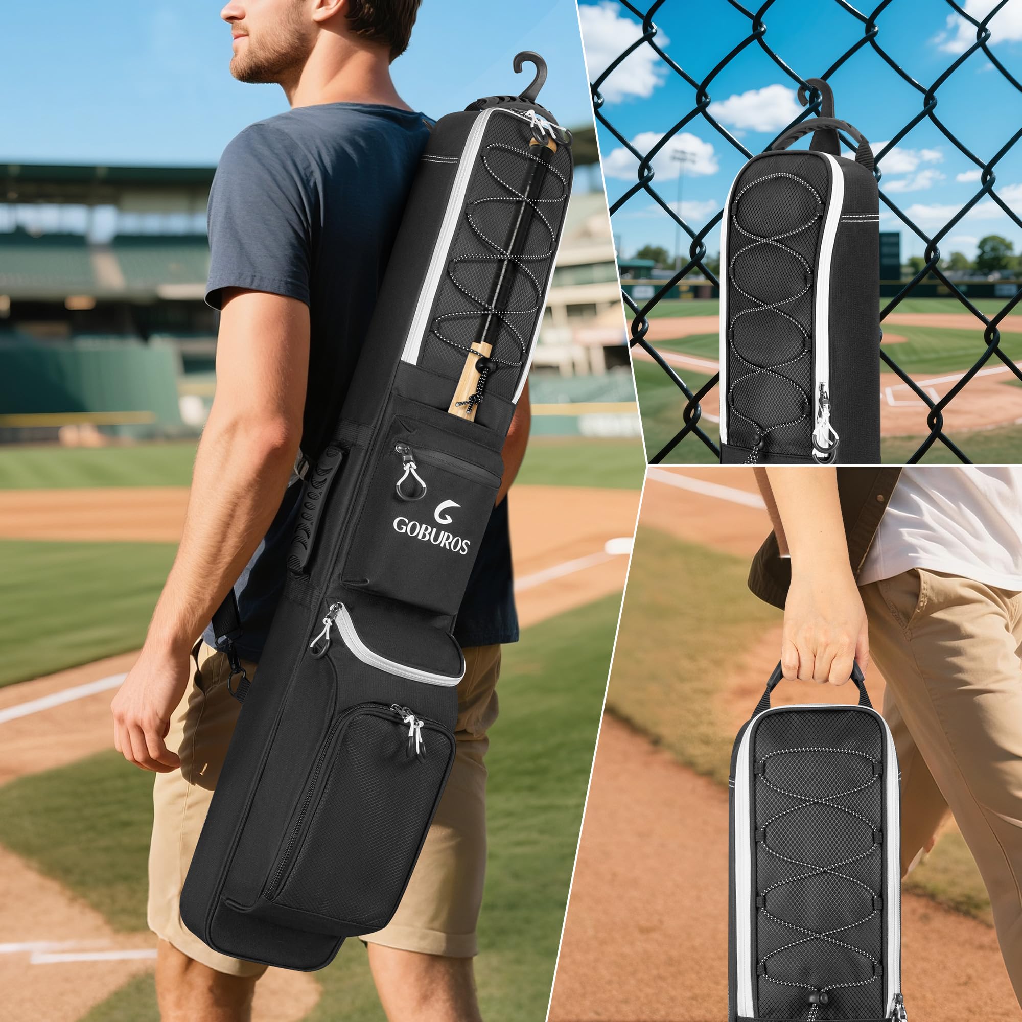 GOBUROS Bolsa de bate de béisbol para 3-4 bates de béisbol, bolsa de bate con gancho de valla y correa de hombro ajustable, apto para béisbol, sóftbol, bate de T-ball