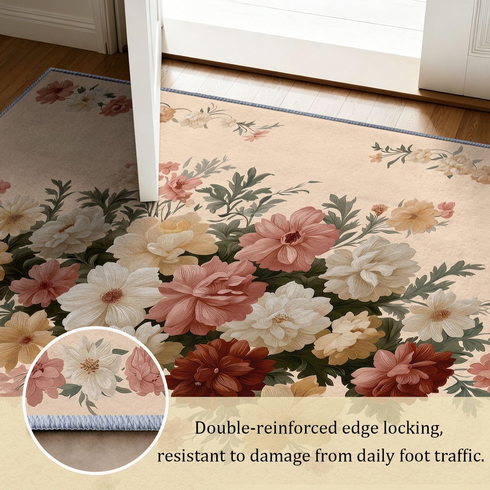 Tappeto lavabile, 80 x 150 cm, motivo floreale selvatico, peonie, per cameretta dei bambini, antiscivolo, a pelo corto, facile da pulire, per soggiorno, camera da letto, corridoio, cucina