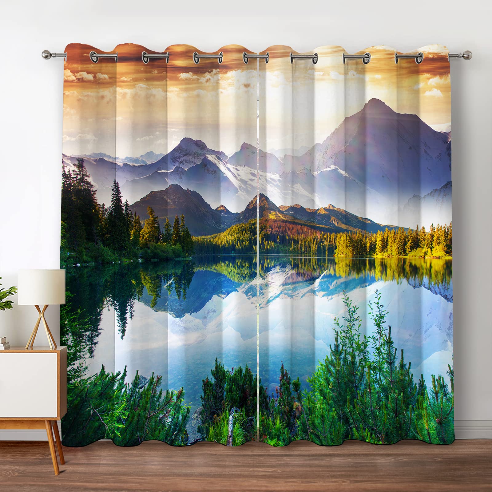 Jekeno Mountain Forest Blackout Curtains Tree Lake in Sunny Sky Nature Scenery Decor for Bedroom Living Room Grommet Window Drapes 2 Panel Set, 42"x84