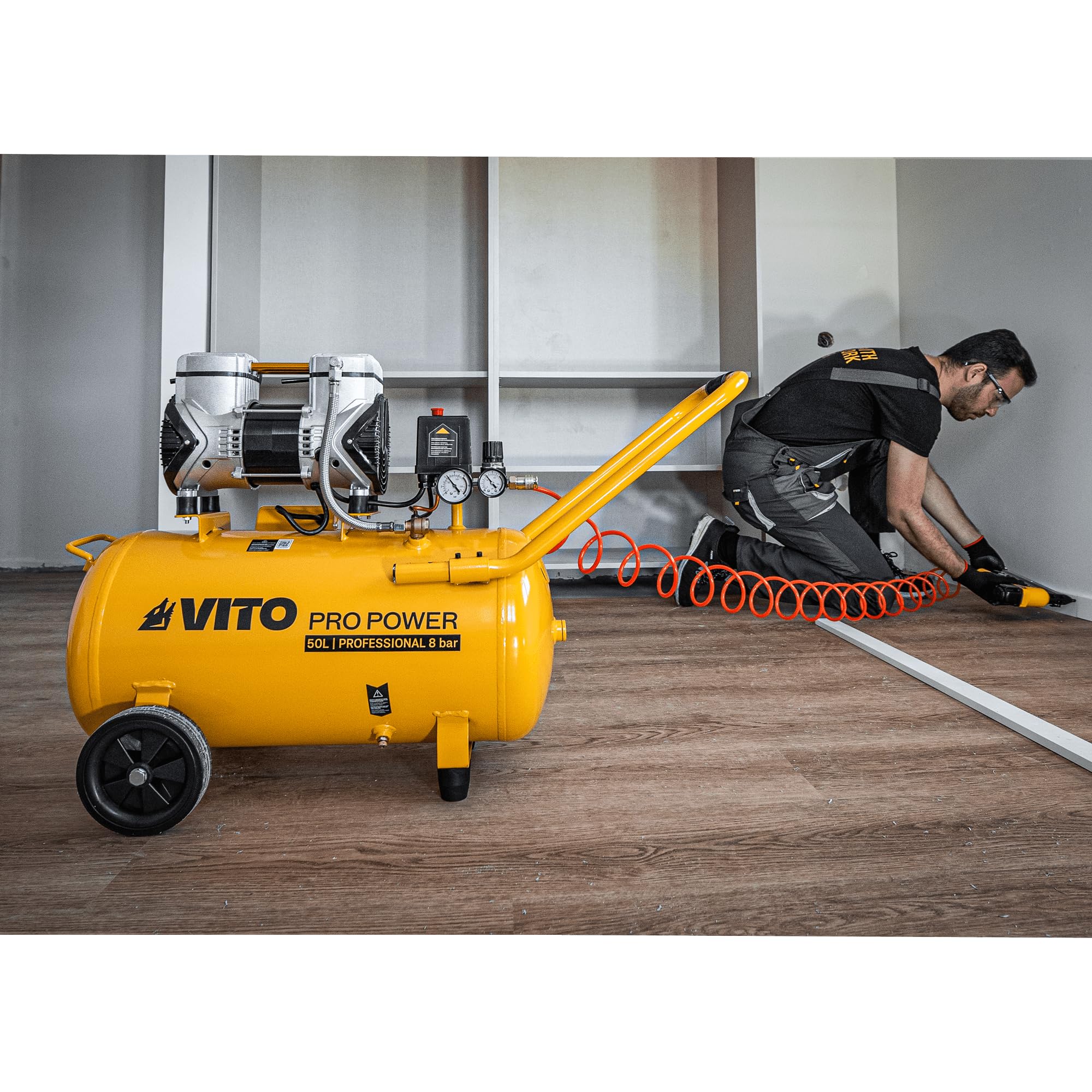VITO – Compresor de aire silencioso 50L 8 Bar 2CV 1,5 KW 115 Psi 236 L/min (sin aceite