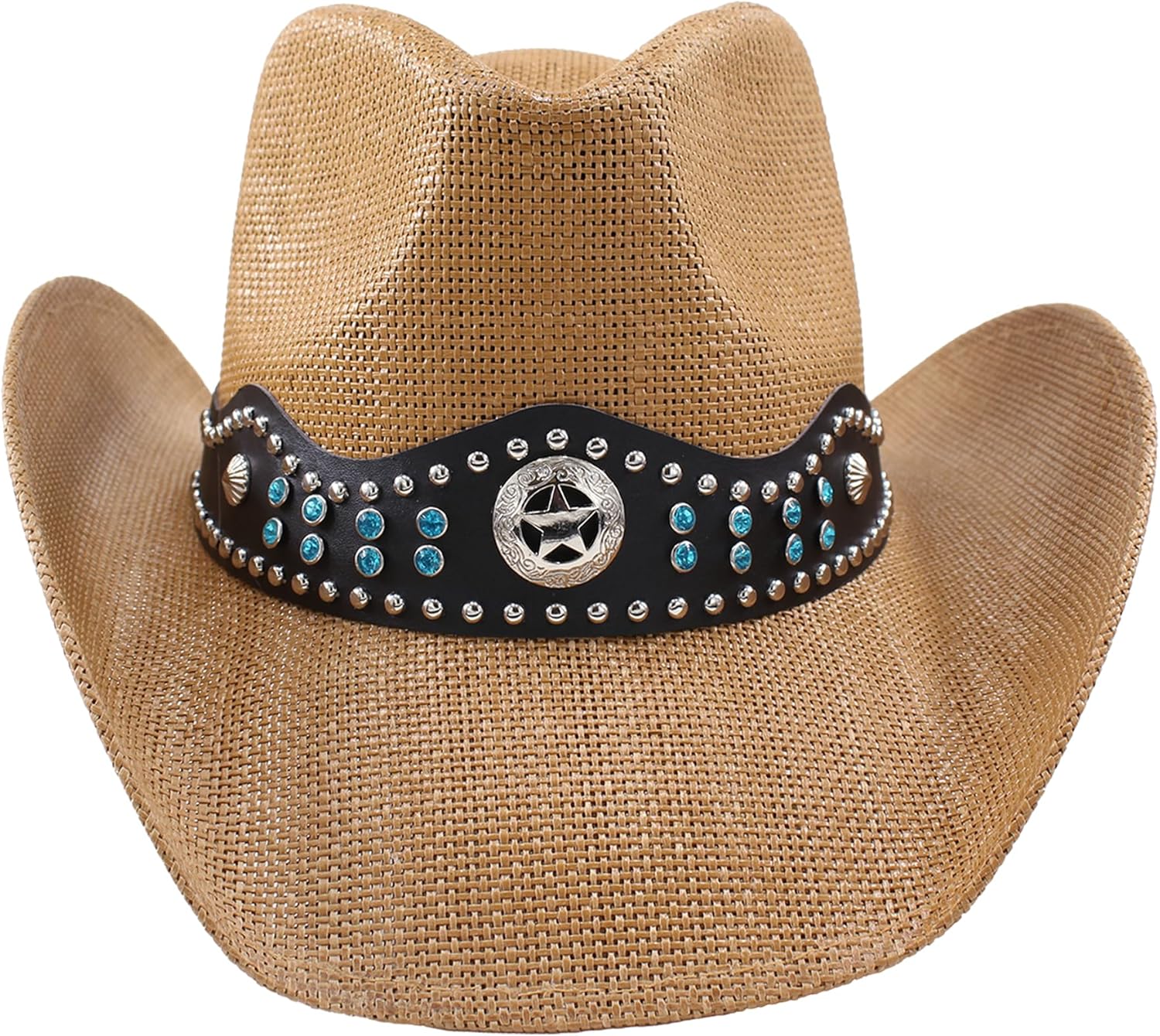Western Cowboy Hat for Men and Women with Ocean Blue Beads and Shell Accents, Adjustable Summer Straw Hat