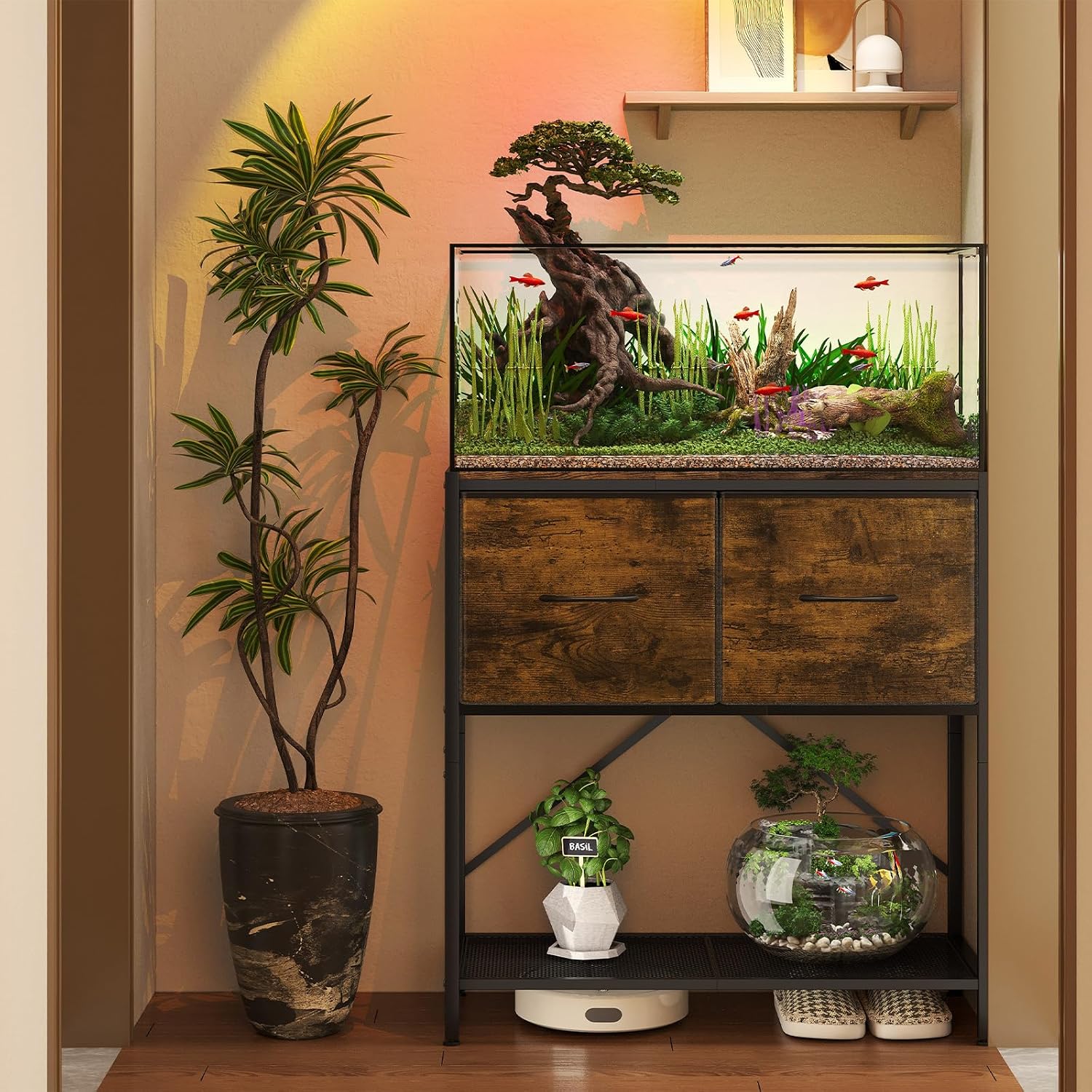 5-20 Gallon Fish Tank Stand, 3-Tier Heavy Duty Metal Aquarium Table | Vintage Wood Reptile Tank Stand with Drawers for Living Room & Office, 200LBS Capacity, 24.8x12.6x31.5 In