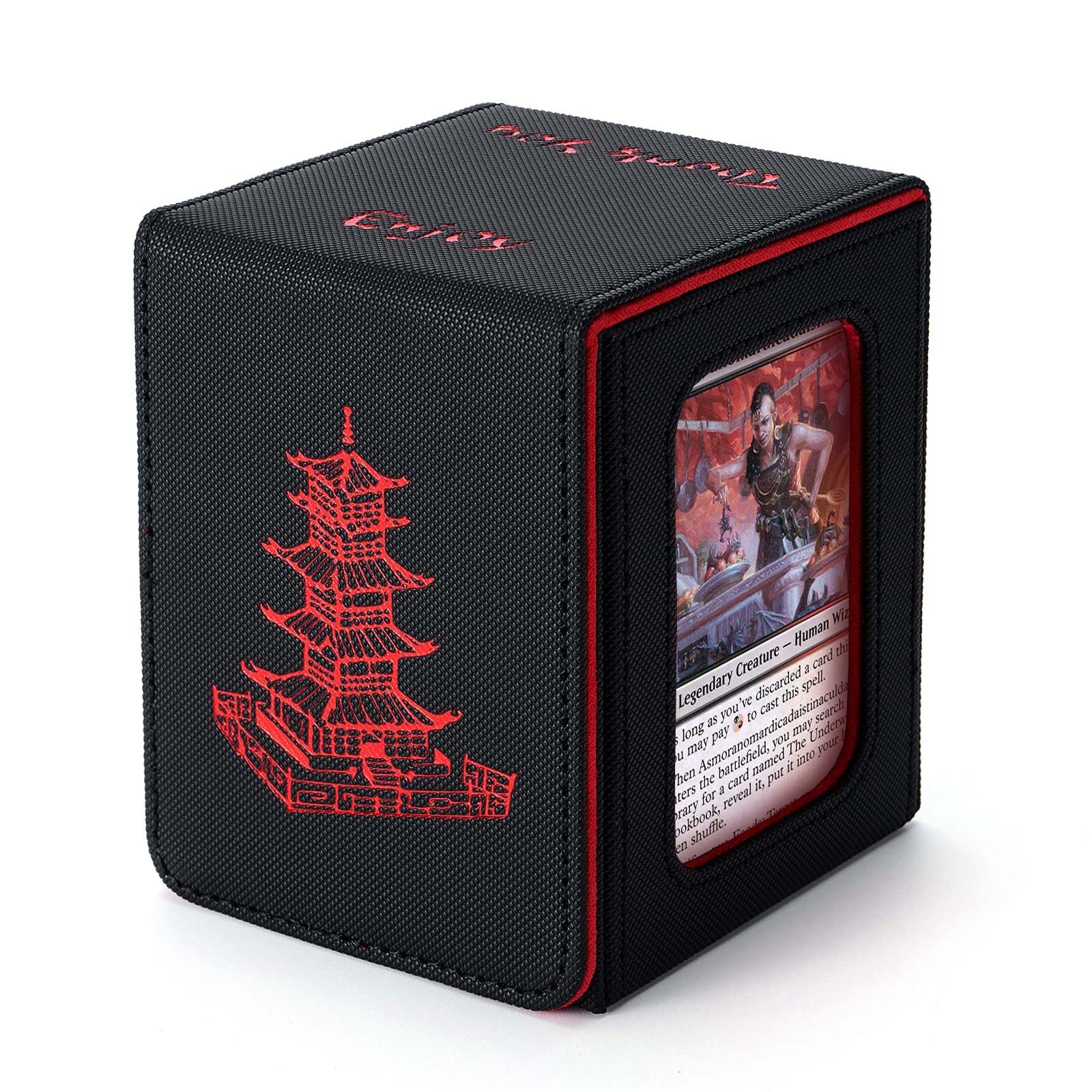 Venssu Chinese Takeout Deck Box with Commander Display, MTG Deck Case Fits 100 Double Sleeved Cards / 35+ Toploaders, Fake Leather Storage Box Compatible with TCG/PTCG Cards(Black and Red)