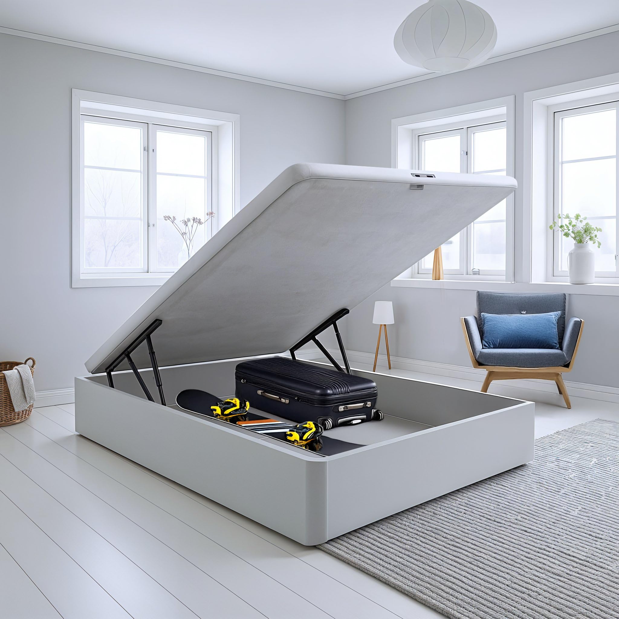 PIKOLIN Canapé Abatible de Madera con Gran Capacidad | Montaje y Retirada Usado Incluido | Esquinas Delanteras Redondeadas | 150x190 | Color Blanco | 32 cm Altura | AIRBOX