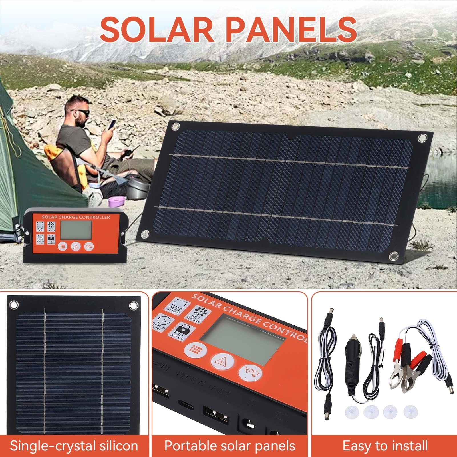 300×145mm Panneau Solaire, 20W 12/24V 100A Kit de Chargeur de Batterie de Panneau Solaire Kit de Panneau Solaire de Contrôleur de Charge avec Clip de Batterie de Câble D'extension