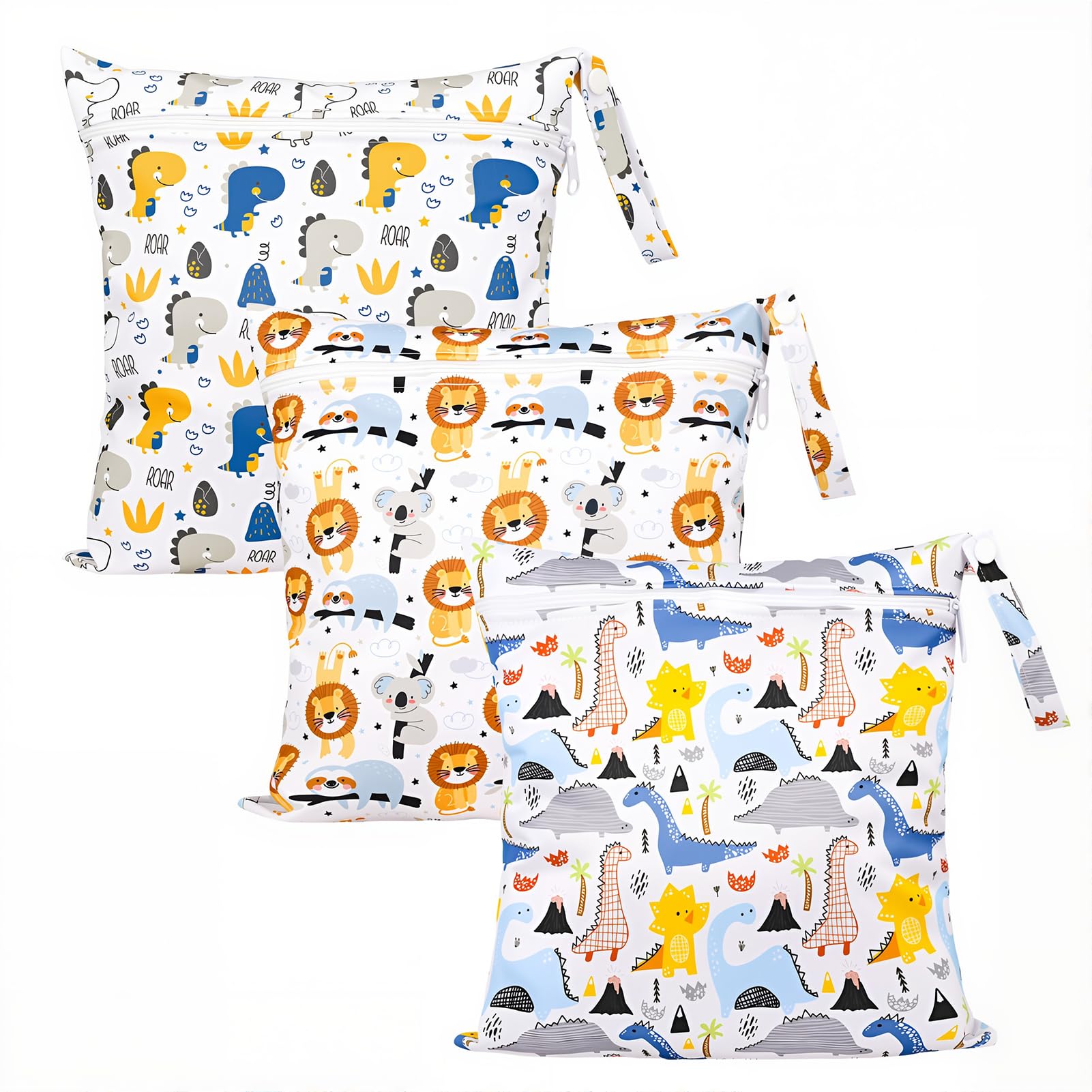 Kaisibum 3 Stück wasserdichte Windeltasche Stoffwindeln Nasstaschen Große Wickeltasche Wetbag Kindergarten Wet Dry Cloth Windeltasche mit Reißverschluss für Baby Reisen Unterwegs(Löwe+Dinosaurier)