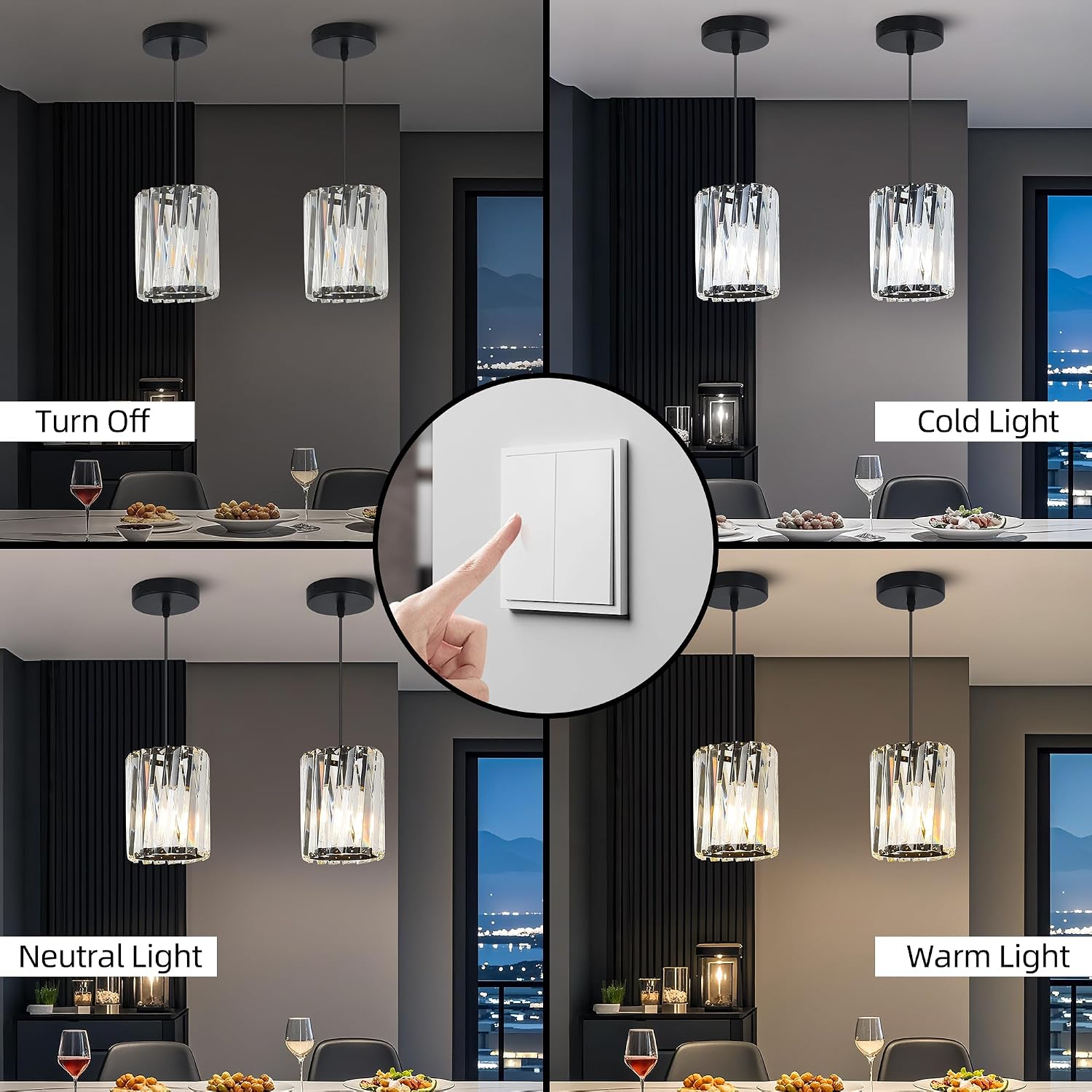 Crystal Pendant Lights Kitchen Island 2 Pack, Black Mini Chandelier K9 Crystal Cylinder Hanging Light Fixture, Adjustable Pendant Lighting for Dining Room Bedroom Foyer Hallway, E26 Bulb