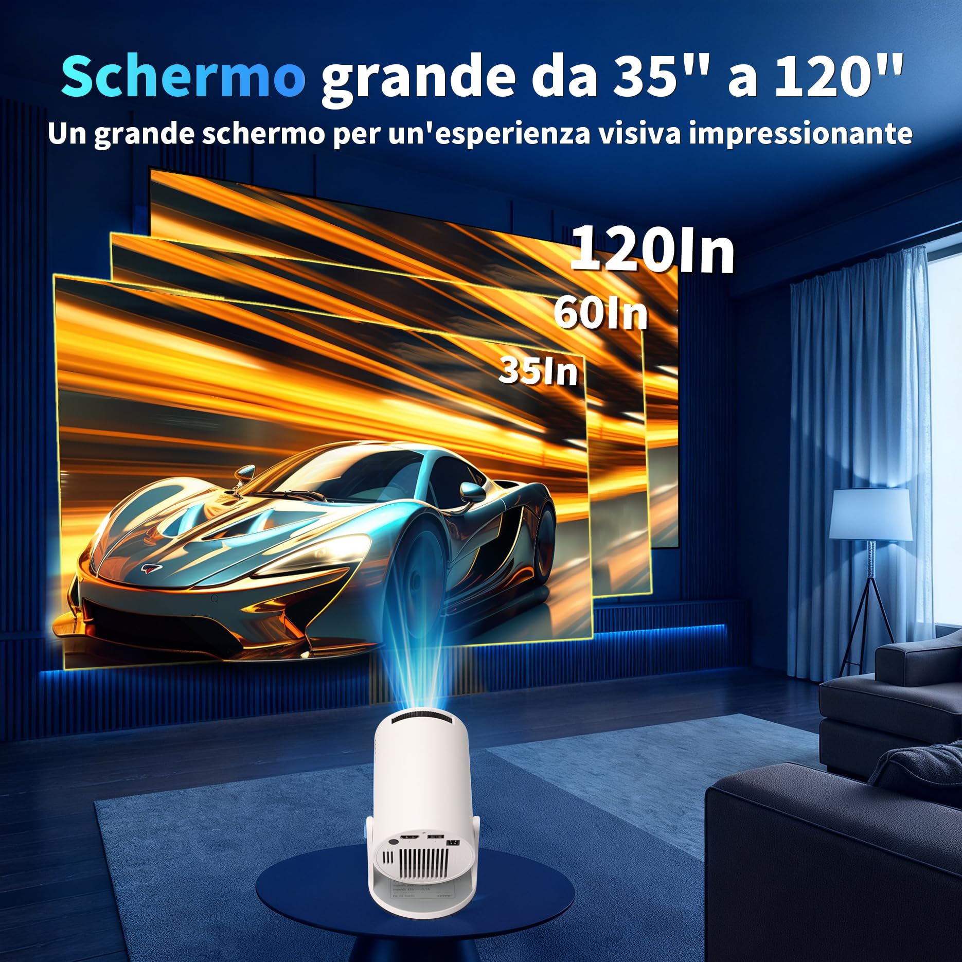 Mini Proiettore [App Integrata & 2026 Upgraded] Proiettore Portatile 4K 1080P con 5G WiFi 6 e BT 5.4 Supporta Rotativo 180° Correzione Trapezoidale Automatica Applicabile TV Stick/USB/HDMI,Bianco