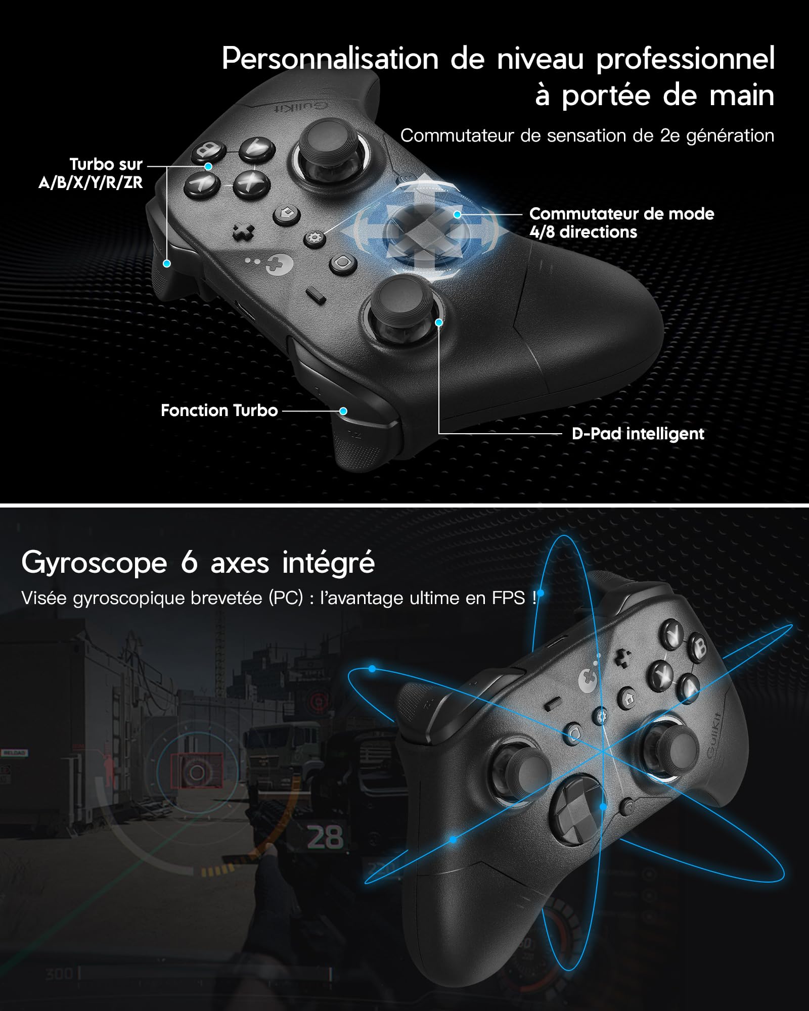 GuliKit ES PRO Manette Sans Fil pour PC Switch 1/2 Android – La manette la plus Rapide avec une Latence de 3,25 ms, Des Joysticks TMR, une Autonomie de 30 Heures et une Fonction de Réveil