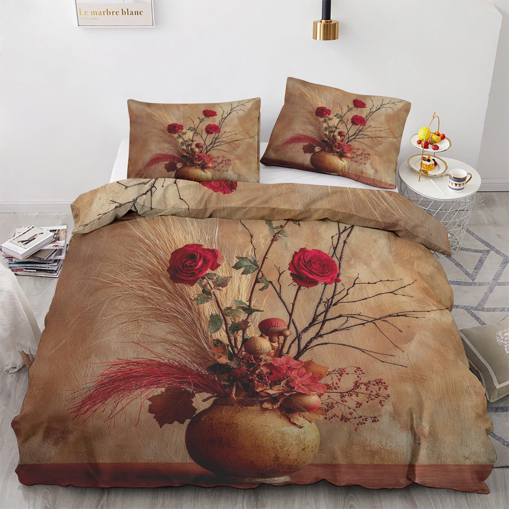 Parure de lit 160x200 fleurs rétro avec housse de couette en microfibre et taies