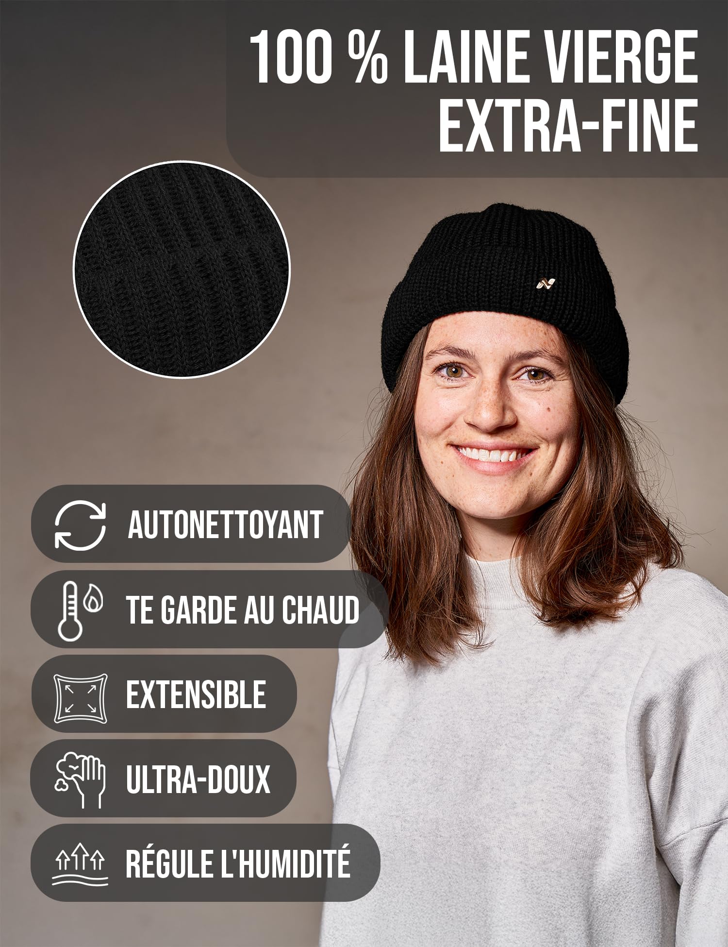 NYTTED® Bonnet en Laine Vierge Cousteau pour Homme et Femme | 100% Laine Vierge | Chaud, Doux & Extensible | Tricot d’Hiver Premium et Respirant