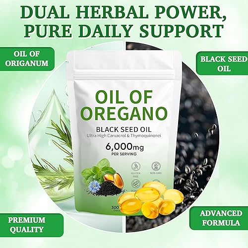 Miniatura 2 de Aceite de cápsulas blandas de orégano, 2 en 1 formulado con aceite de semilla negra, Carvacrol de fuerza 4X, a base de plantas, sin OMG, 300 unidades