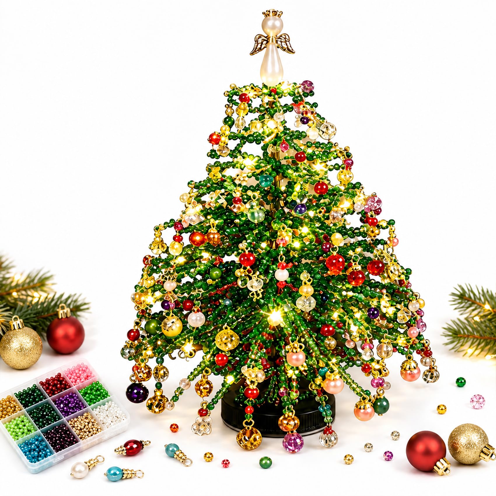 DIY Beaded Christmas Tree Kit, Handmade Mini Crystal Bead Xmas Tree Craft Set with Colourful Beads and Ornaments, Tabletop Holiday Decoration, Creative Christmas Gift for Craft Lovers，A