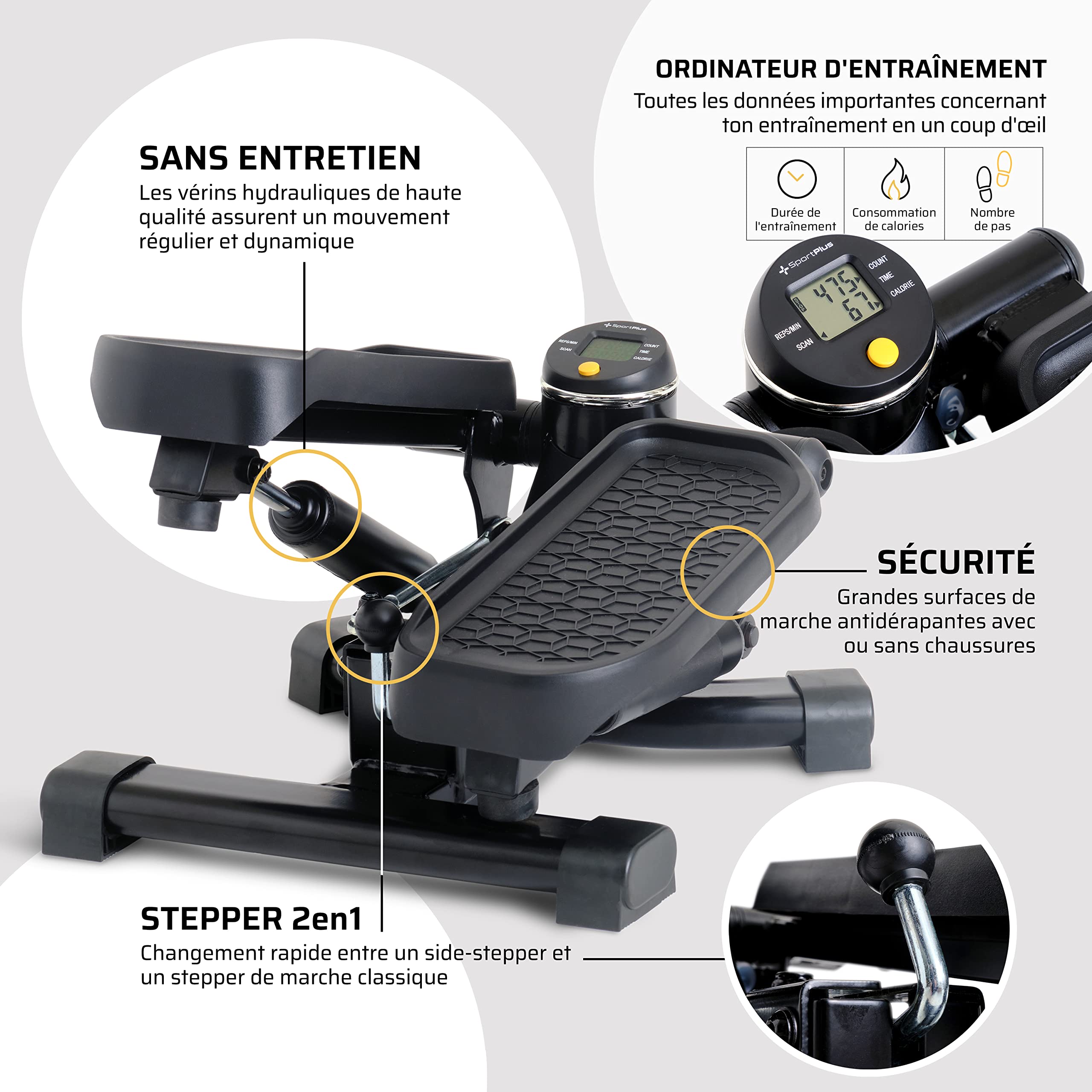 SportPlus Mini Stepper 2 en 1 avec Technologie de Commutation brevetée, Stepper Swing et Stepper Mon/Descente en Un Seul Appareil, jusqu'à 100 kg, Cylindre hydraulique sans Usure