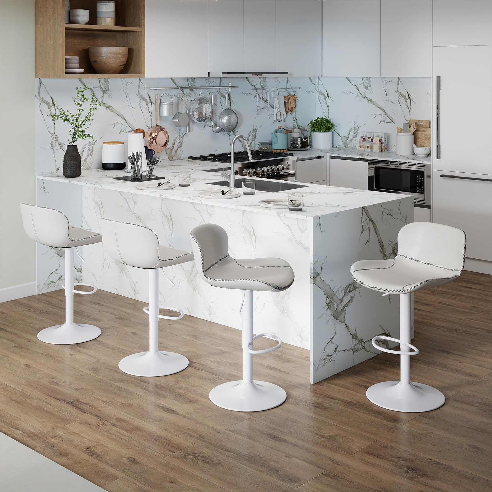 Youhauchair Barhocker 2er Set, Barhocker Höhenverstellbar aus Kunstleder, wasserdicht und verschleißfest, Barhocker mit Lehne, Drehbarer bar Stool, modern, Weiß