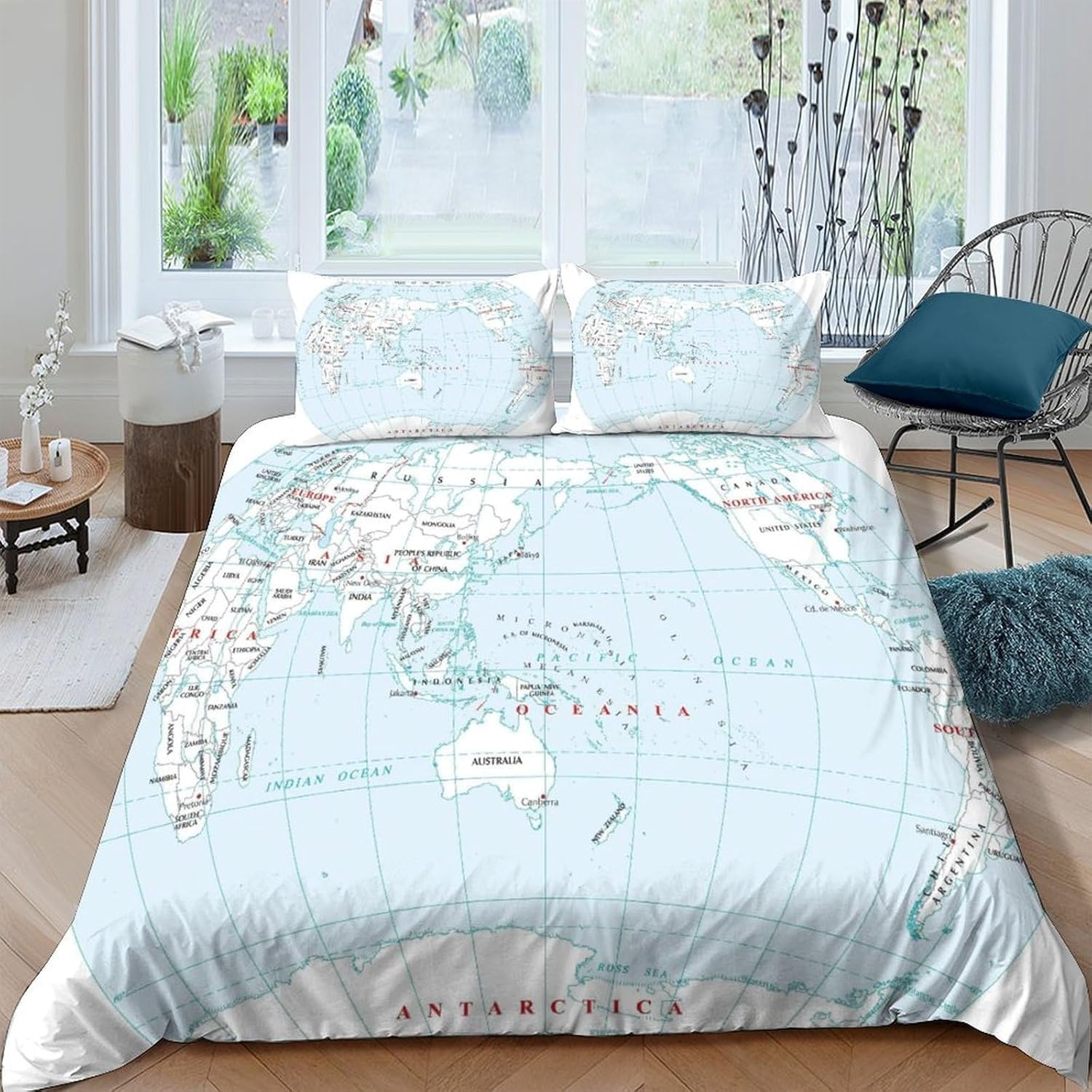Funda Nordica Cama 105 Juvenil Mapa del Mundo Funda Edredon 200x200 Azul Claro 3D Fundas de Edredón Microfibra Suave Ropa de Cama de 3 Piezas con Cremallera y 2 Fundas de Almohada K-1349