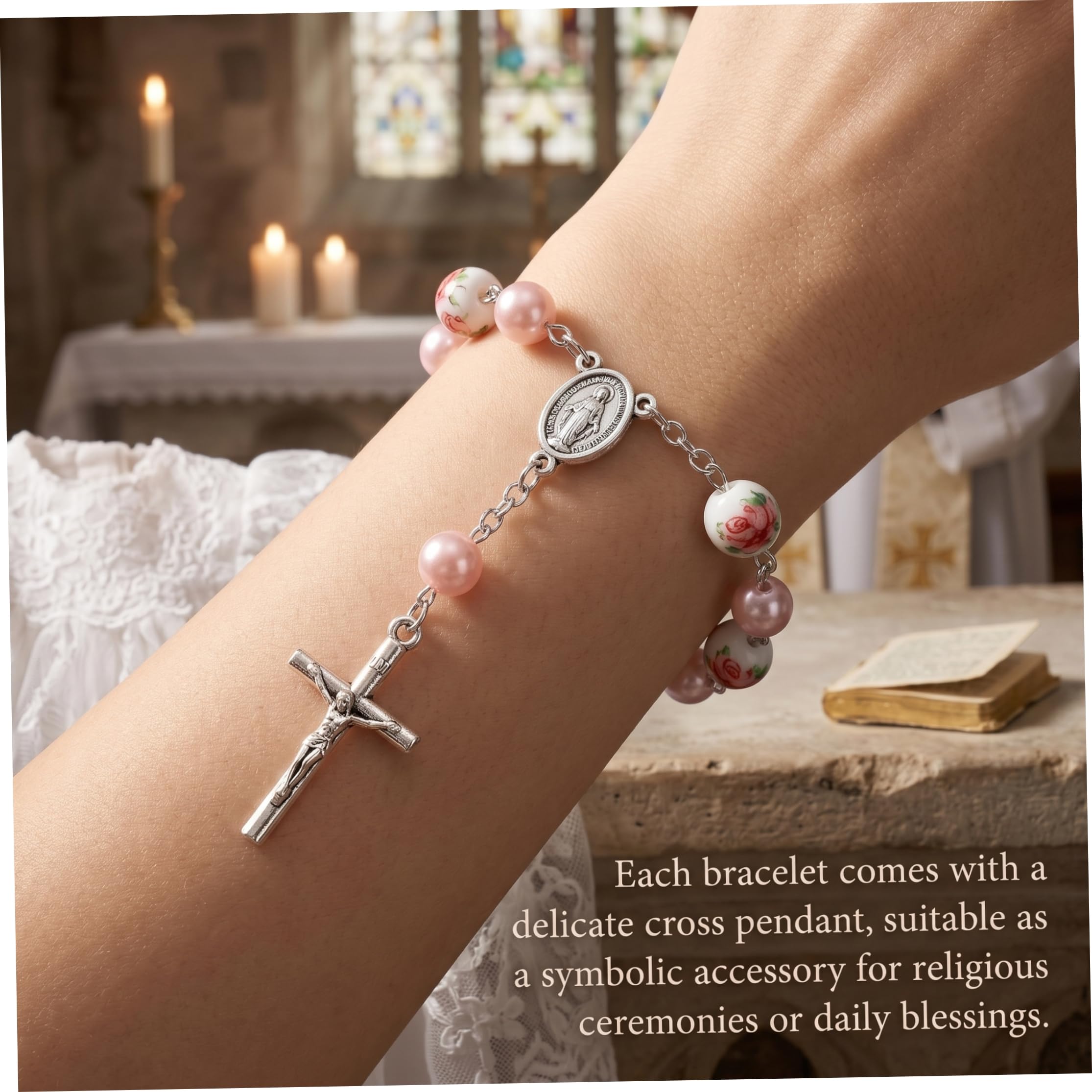 Mini chapelet, 50 pièces chapelet de baptême faveurs bracelets de perles fleurs en céramique avec pendentif croix pour baptême mariages première communion, 2, 2 pouces, cadeaux, mini
