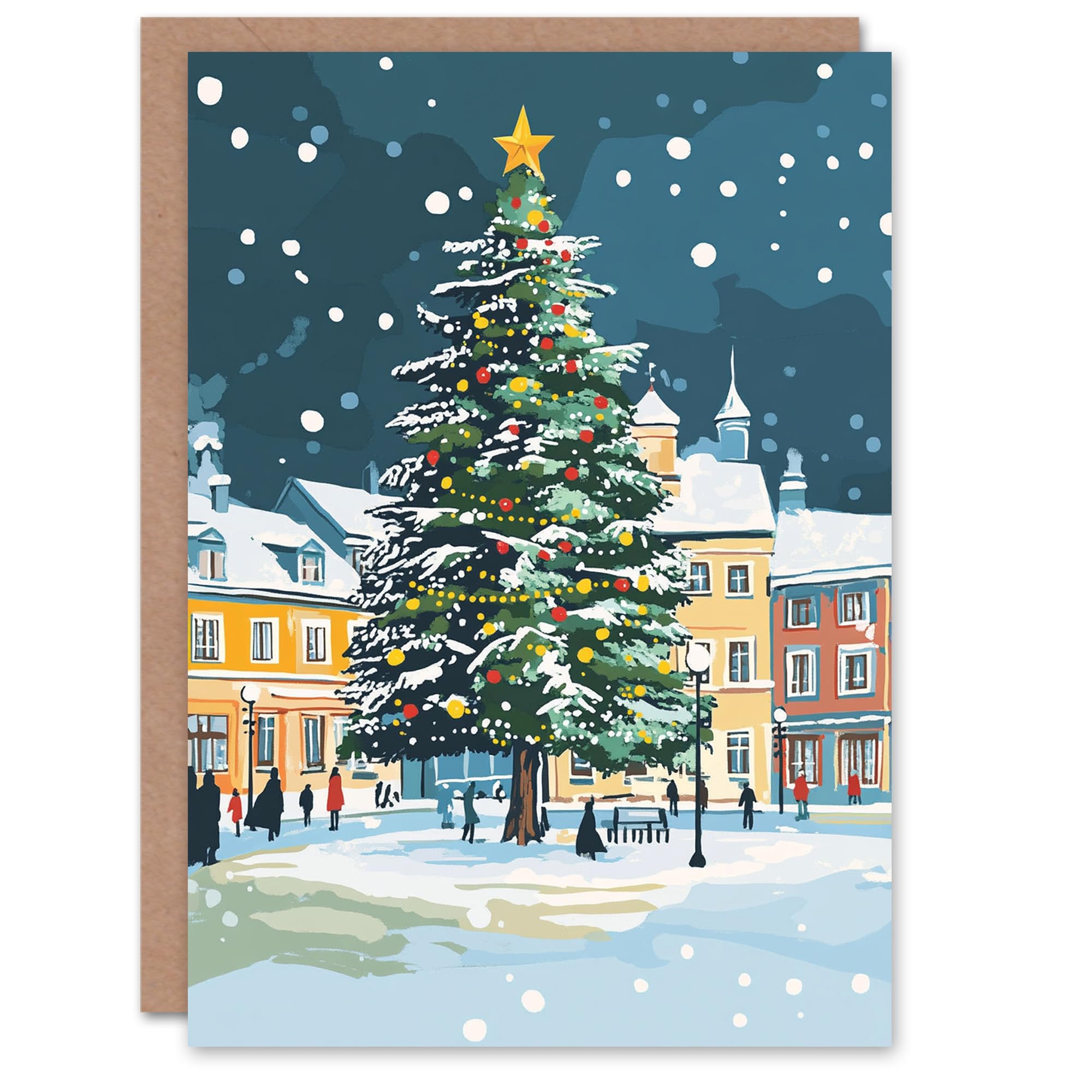 Decorated Tree Town Square Winter Snow Christmas Fun Gift Festive Xmas Card