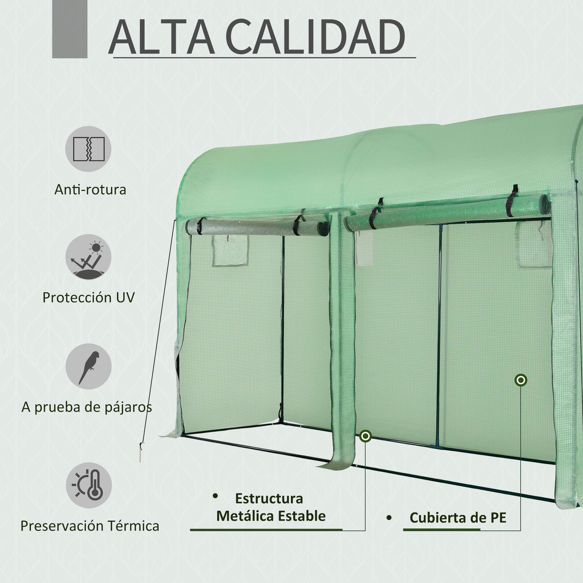 Outsunny Invernadero de Exterior 300x100x200 cm con 4 Ventanas Verde | Invernadero de Jardín, 2 Puertas, Cubierta de PE 140g/㎡, Marco de Acero, para Cultivos Plantas Flores