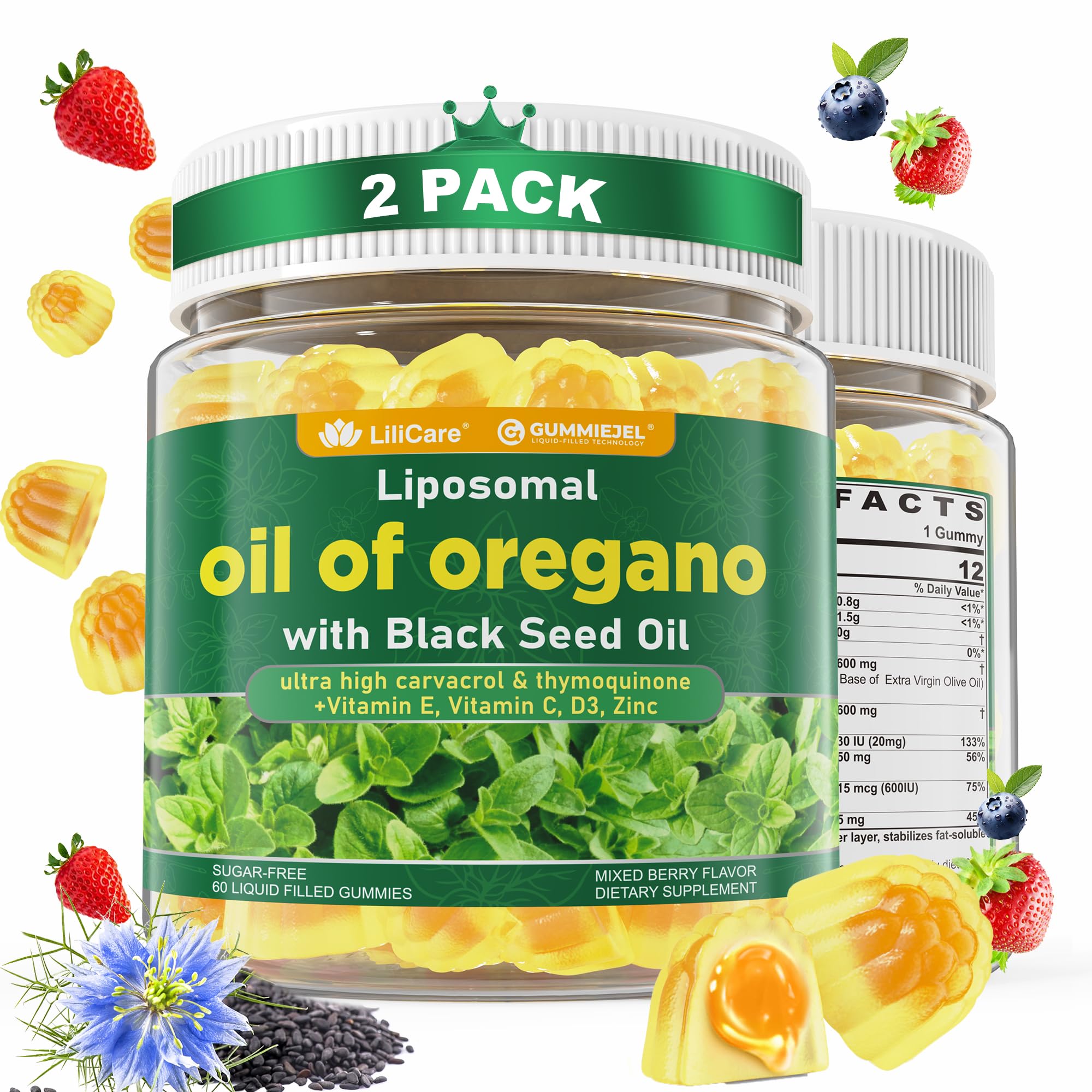 Oil of Oregano with Black Seed Oil Filled Gummies, Aceite De Oregano 60 Count (Pack of 2)