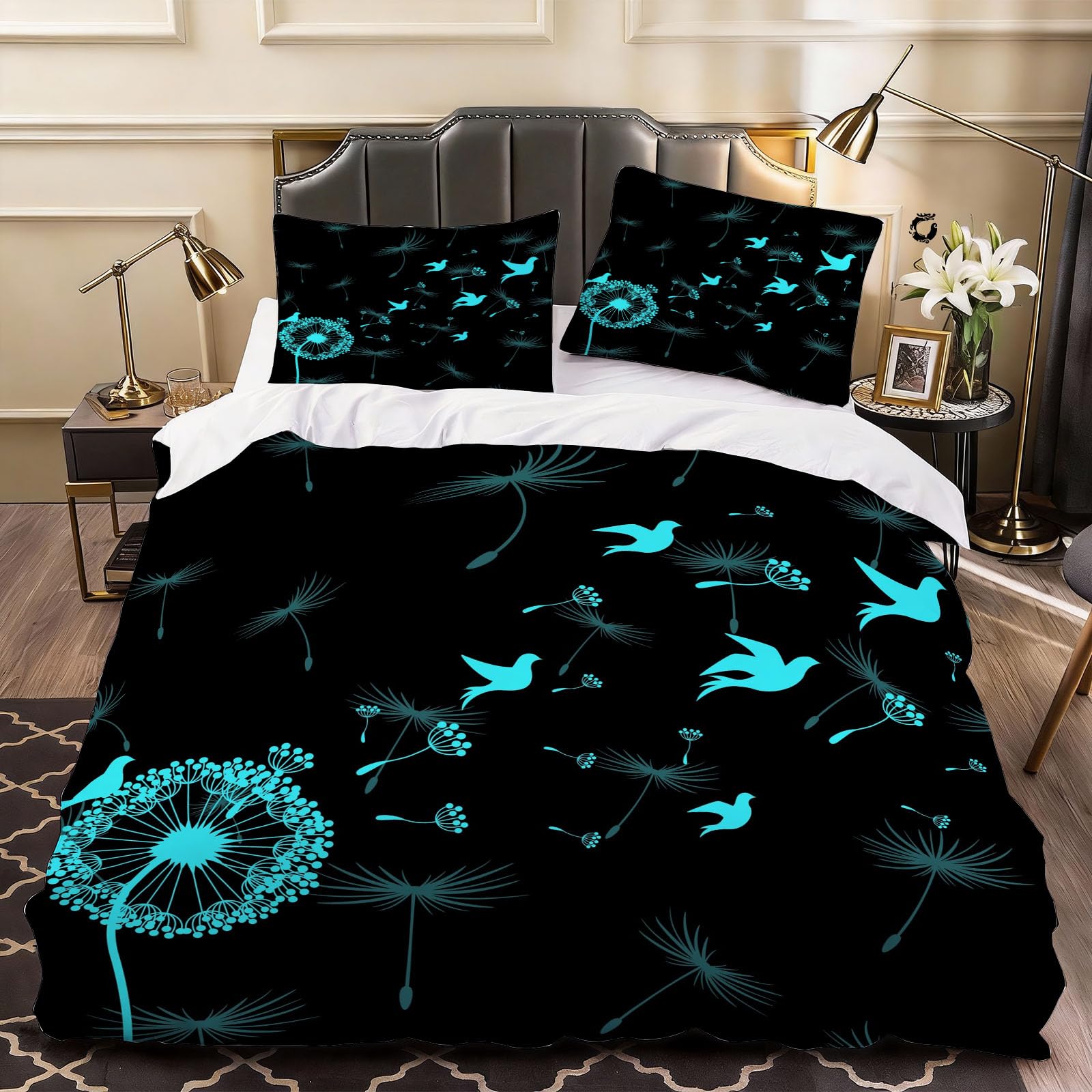3D Green Dandelion Duvet Cover Birds and Flowers Bedding Double Bed Set, Soft Microfiber Comforter Cover Printed with Zipper Closure Quilt Coverr 200x200 cm and 2 Pillowcases