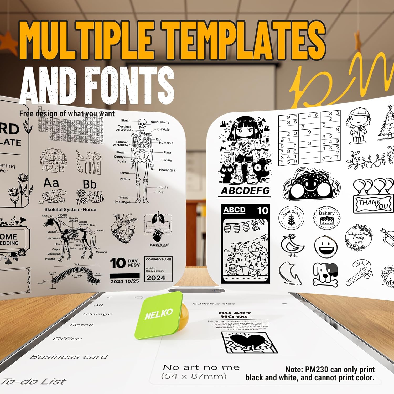 Nelko Black Sticker Printer,1Roll PM230 Mini Printer Bluetooth Portabel Sticker Maker, Mini Printer Paper, PM230 Thermal Printer,Black on White, 54mmx3.5m 3 Rolls, Clear