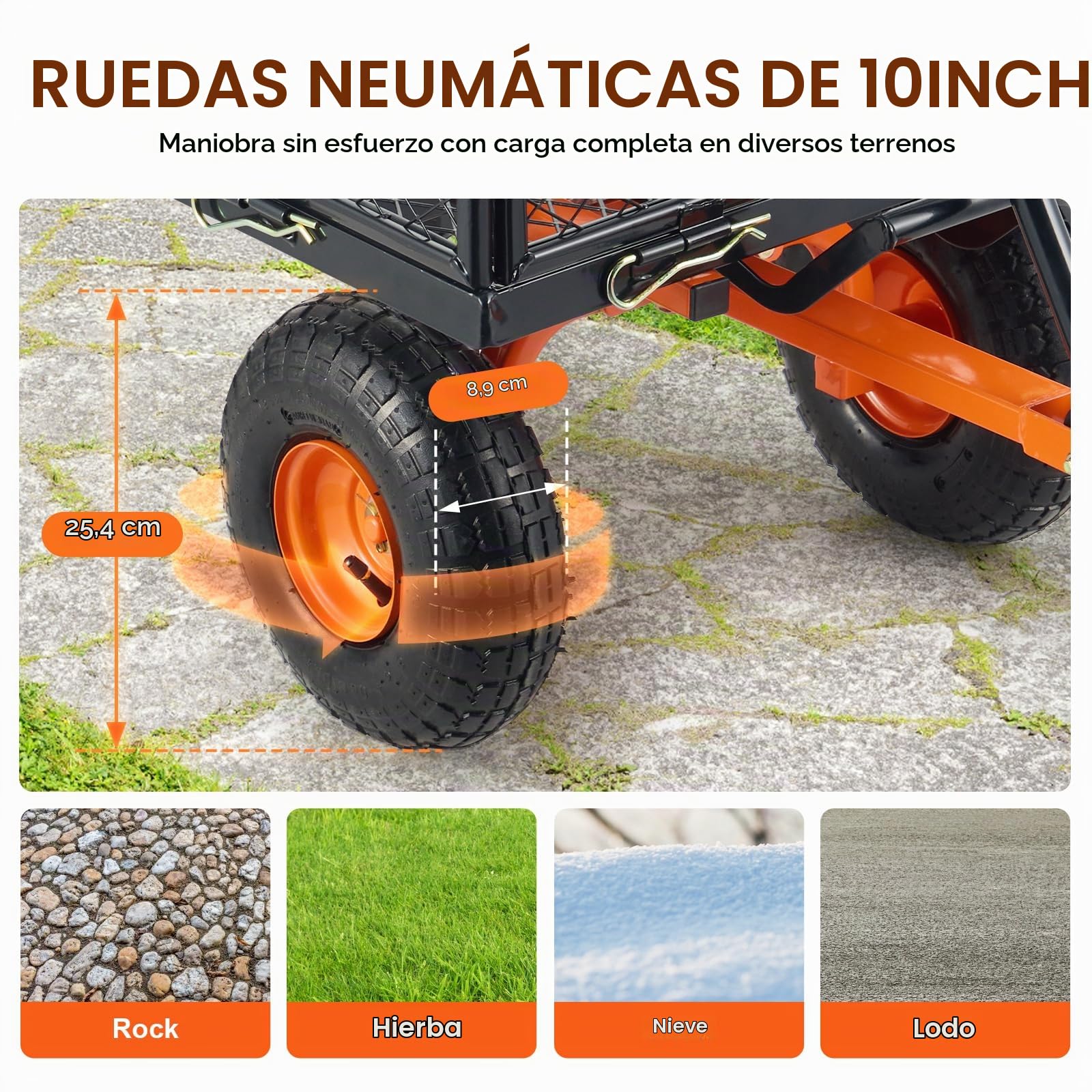 VEVOR Carro Volquete de Metal para Jardín con Marco de Acero Fácil de Montar, 2 en 1 Carro Volquete con Mango Convertible con Neumáticos de 255 mm, 181 kg de Gran Capacidad para Jardín, Patio