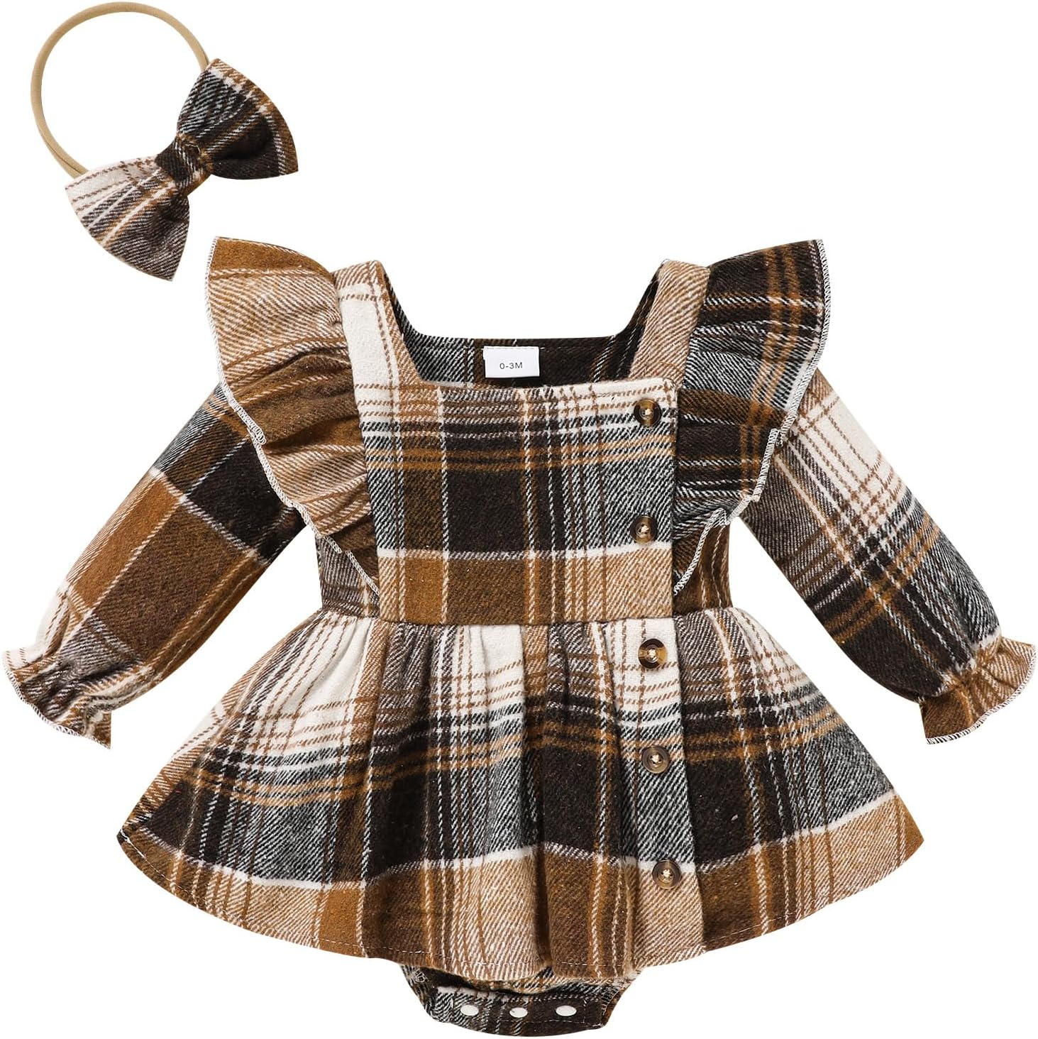 Newborn Baby Girl Fall Winter Clothes Plaid Long Sleeve Romper Buttons Outfit Ruffles Dress with Bow Headband Brown-b 12-18 Months