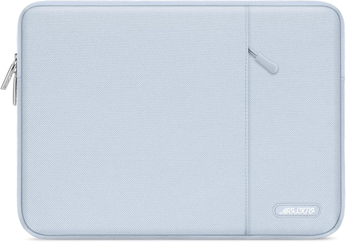 MOSISO Funda para portátil de 13,3 pulgadas, funda para portátil de 13-13,3 pulgadas con bolsillo | Compatible con MacBook Air/Pro 13/Pro 14 M5 M4 M3 M2 M1, HP Dell ASUS Lenovo, Bolsa Vertical para computadora de poliéster, Azul bebé