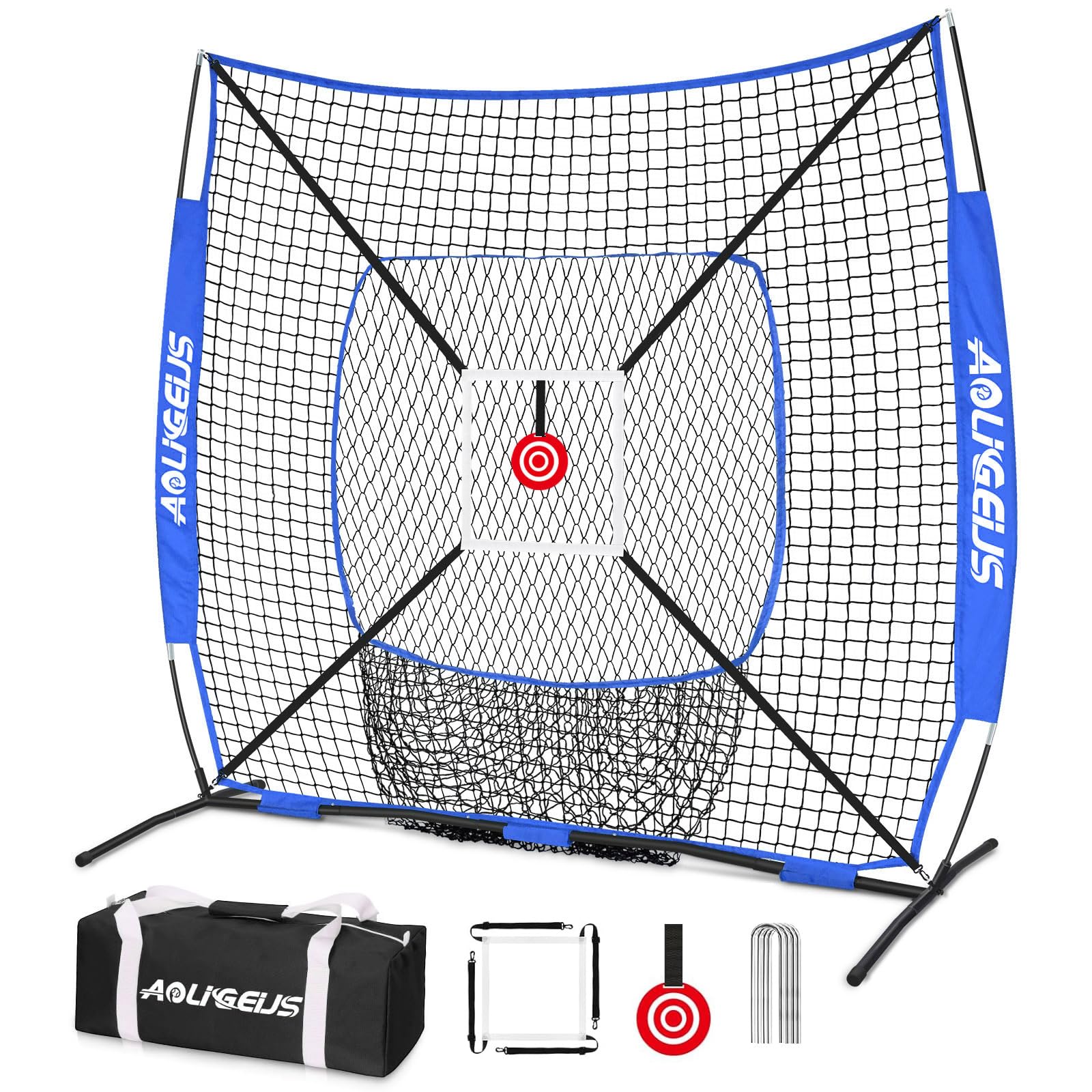 AOLIGEIJS 6'X6' Baseball Softball Practice Net,Pitching Net,Batting Net,with Bonus Strike Zone,Target and Bow Frame,for Hitting,Pitching,Catching