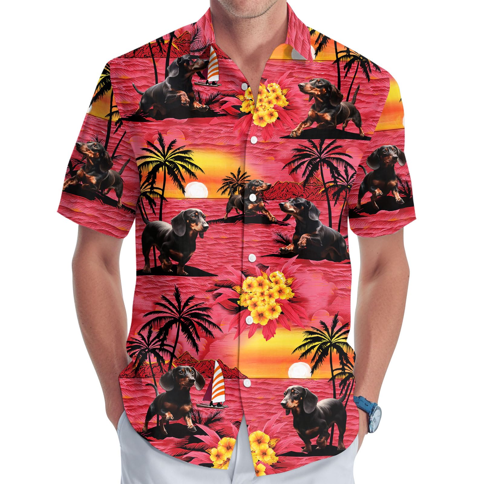 GEPOS Dog Men's Button Shirt, Tropical Dog Hawaiian Shirt for Unisex, Summer Birthday Gift for Men, Beach Men's T-Shirt, Red Dachshund, M โ image 1
