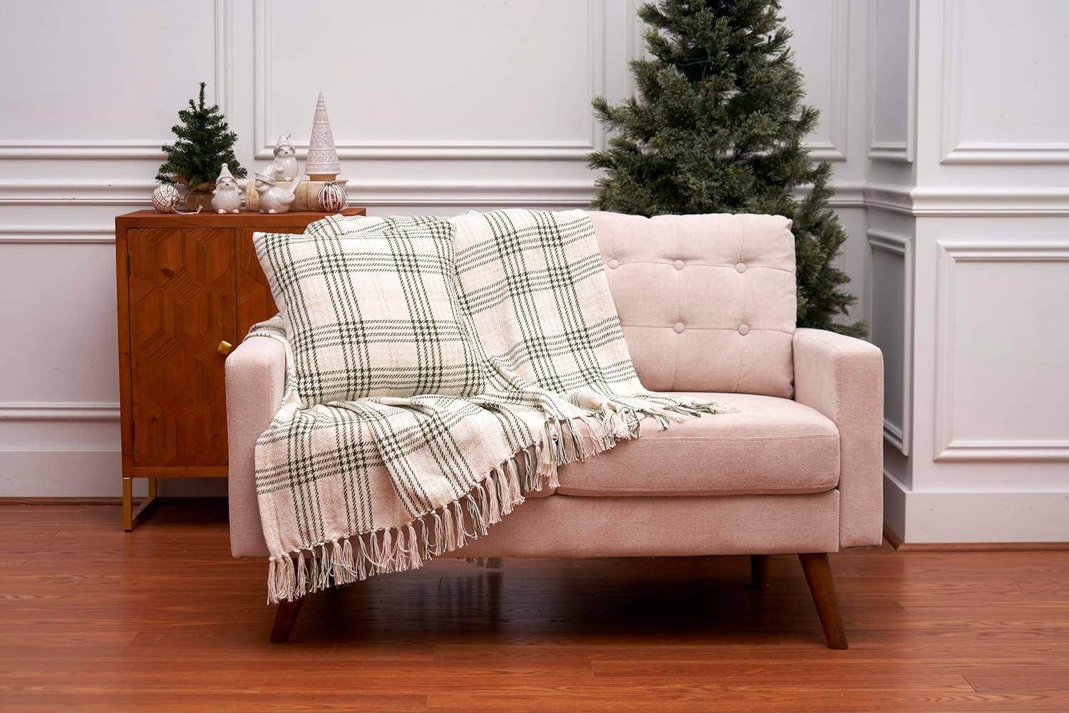 C&F Home Beige Green & Gold Plaid 100% Cotton Sherpa Handwoven Accent Throw Blanket 50" x 60" XMAS Festive Winter Holidays Rustic Lodge Home Living Room Sofa Couch Chair Bed Bedroom Machine Wash Decor