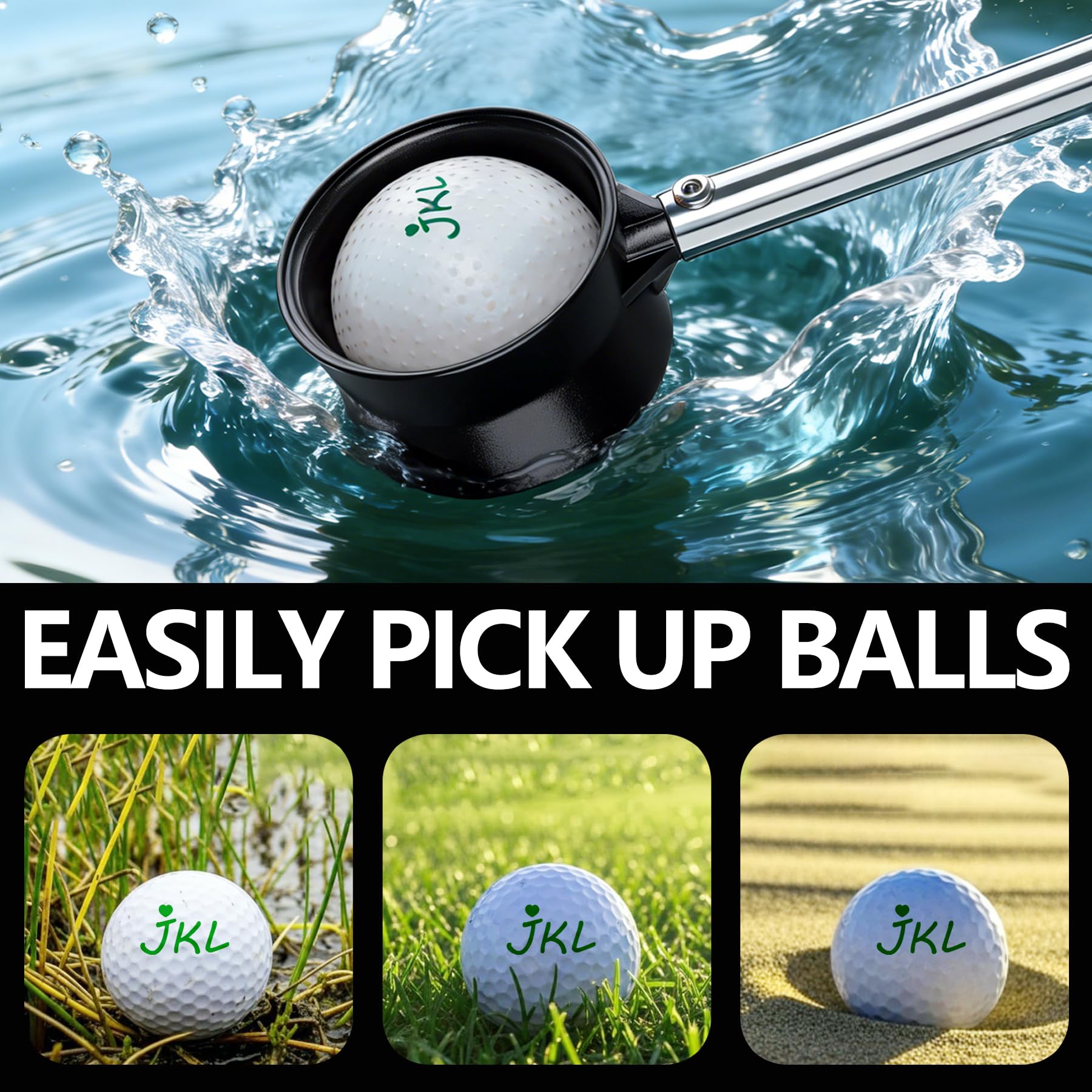 JKL Recuperador de pelotas de golf de 9 pies / 12 pies para agua telescópico, eje de acero inoxidable, alta durabilidad, recogedor de bolas de doble cara, regalos de golf para golfistas