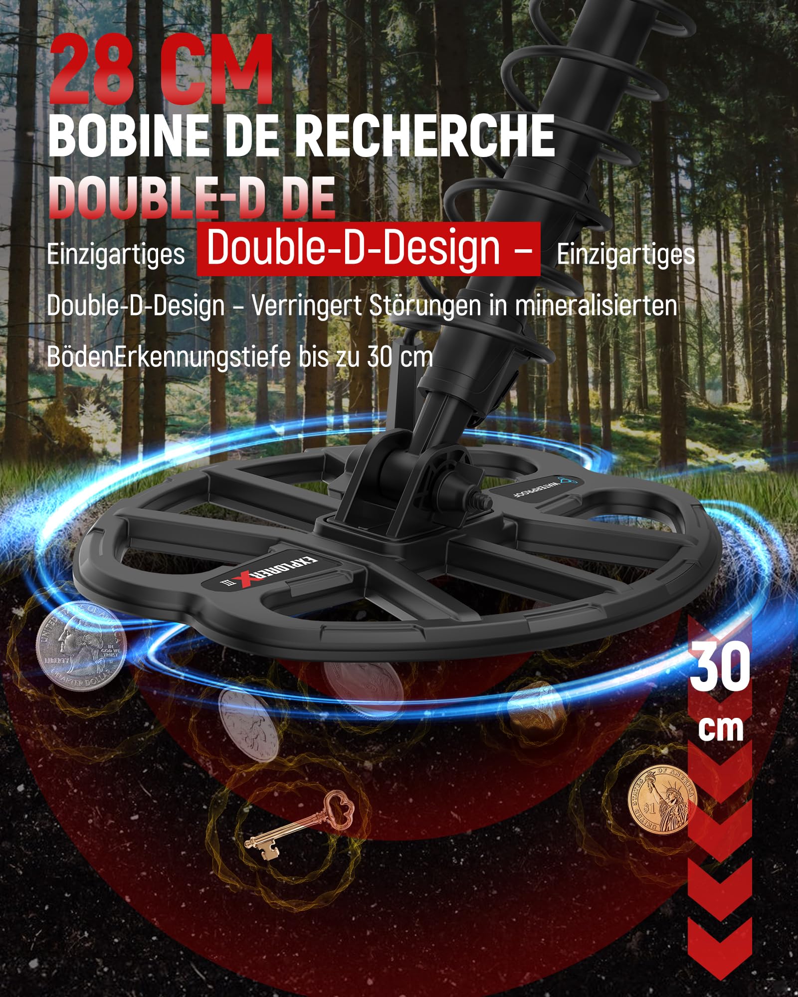 KAIWEETS Détecteur de Métaux, 5 Modes de Détection, Bobine Double-D 11" Étanche IP68, Batterie Rechargeable, Kit Complet avec Pelle Renforcée, Casque et Housse de Pluie, Idéal pour Plage
