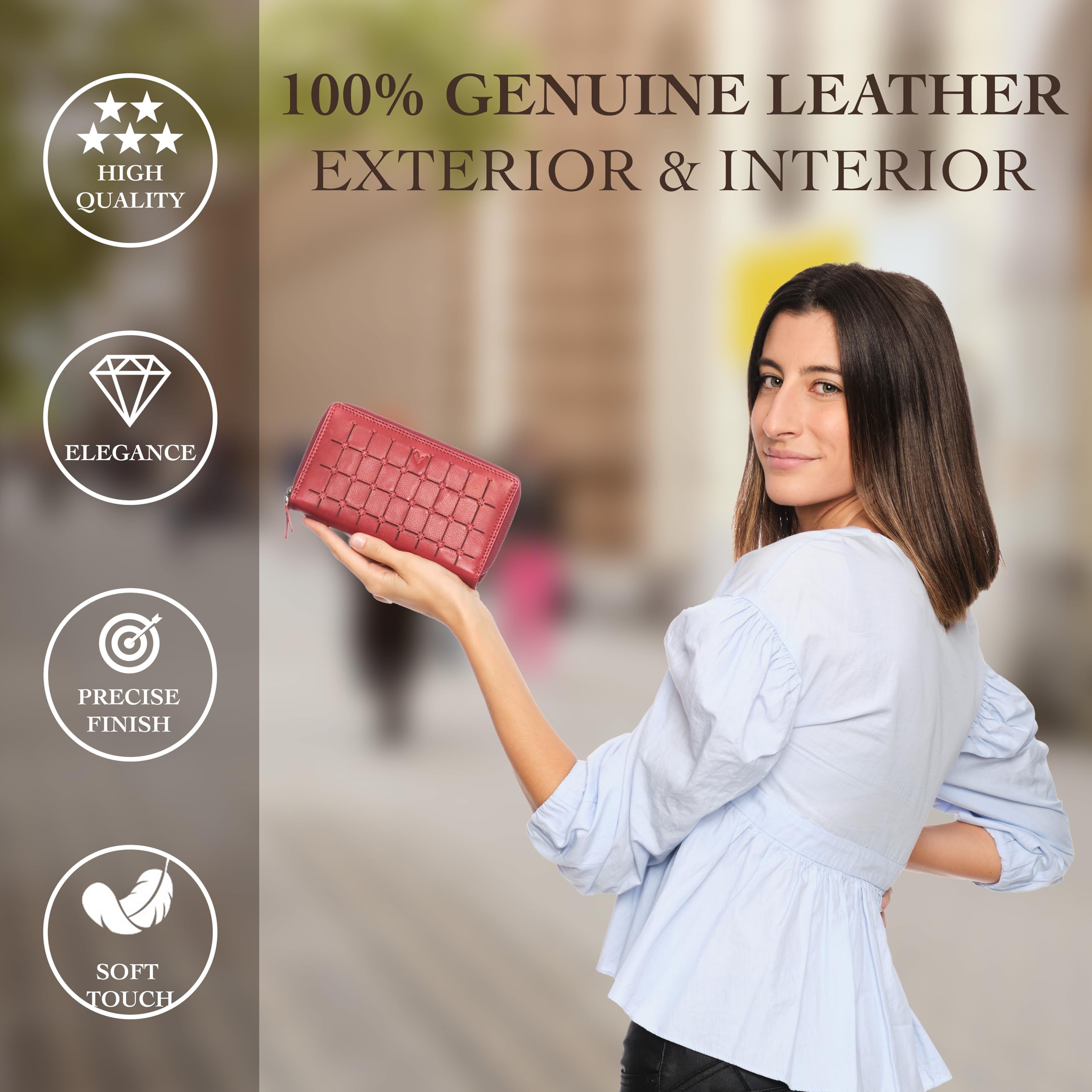Grand Portefeuille Femme en Cuir – Porte Cartes Grande Capacité avec RFID – Porte Monnaie Élégant Fait Main – Idée Cadeau Originale - Deux Fermetures éclair, Carré - Rouge