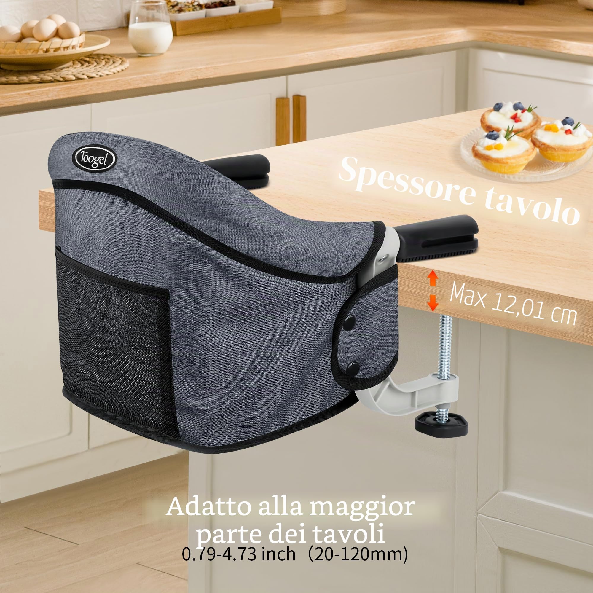 Toogel Seggiolini da Tavolo, Seggiolone Pieghevole Portatile con Imbracatura di Sicurezza, Baby Seggiolino da Tavolo con Borsa da Trasporto per Casa e Viaggi (Grigio)