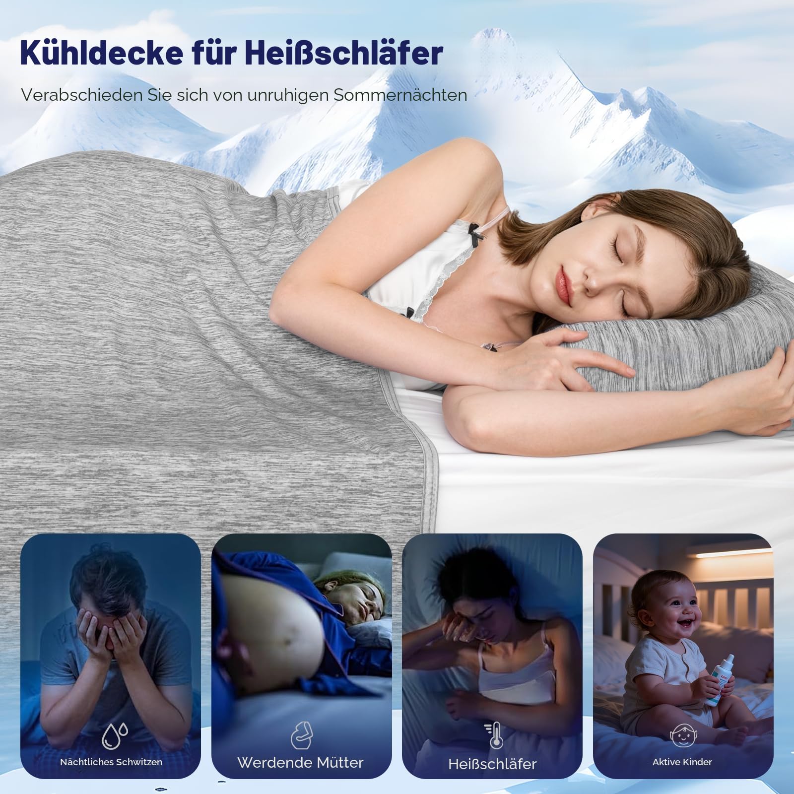 Luxear Arc-Chill Q-Max 0,5 Kühldecke 2 in 1 Doppelseitige Sommerdecke Baumwolle 150 x 200cm Grau