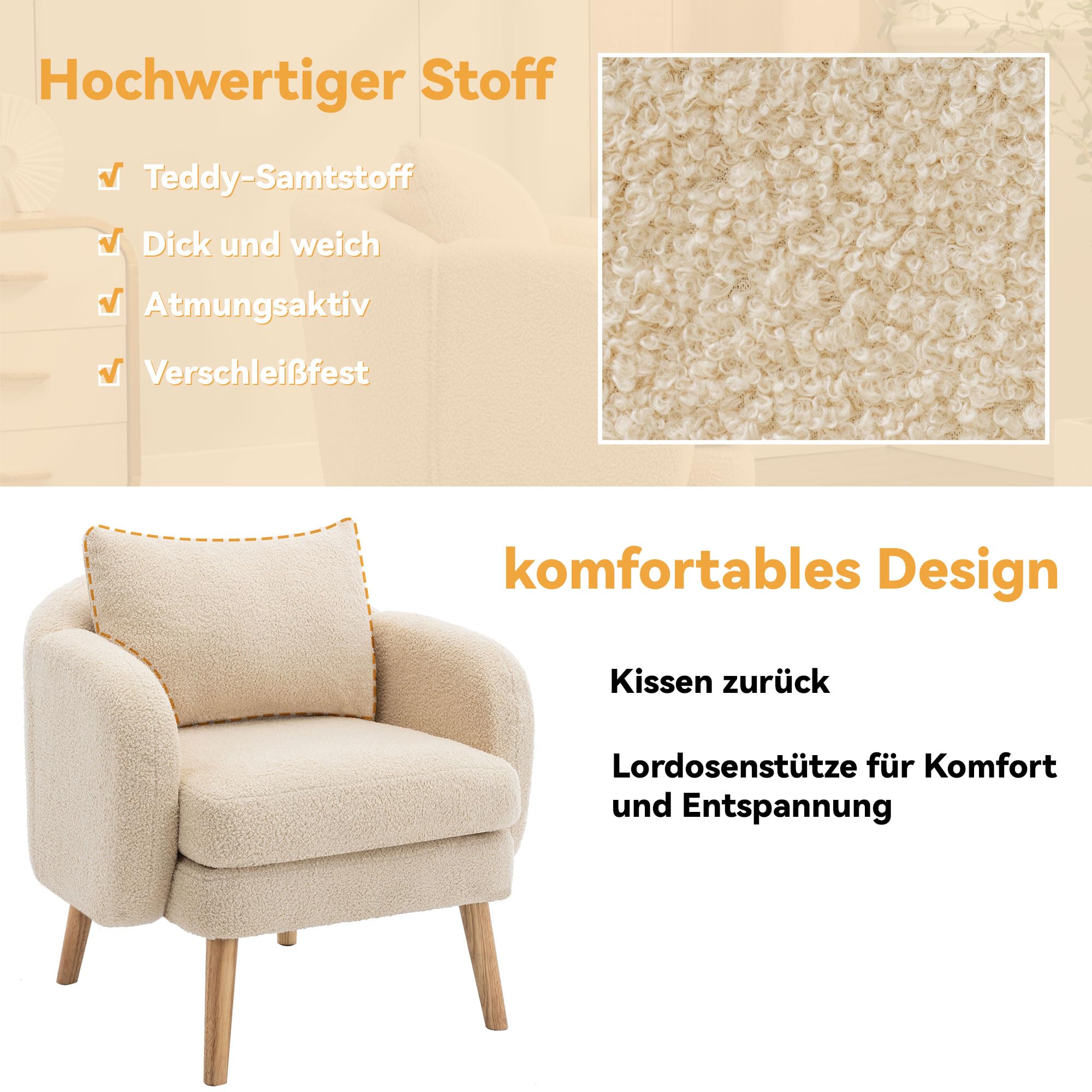 Merax Sessel Teddy-Samt Ohrensessel mit Kissen Loungesessel mit Armlehnen modern Holzbeine Einzelsofa Relaxsessel Polstersessel für Wohnzimmer/Lesezimmer, Beige