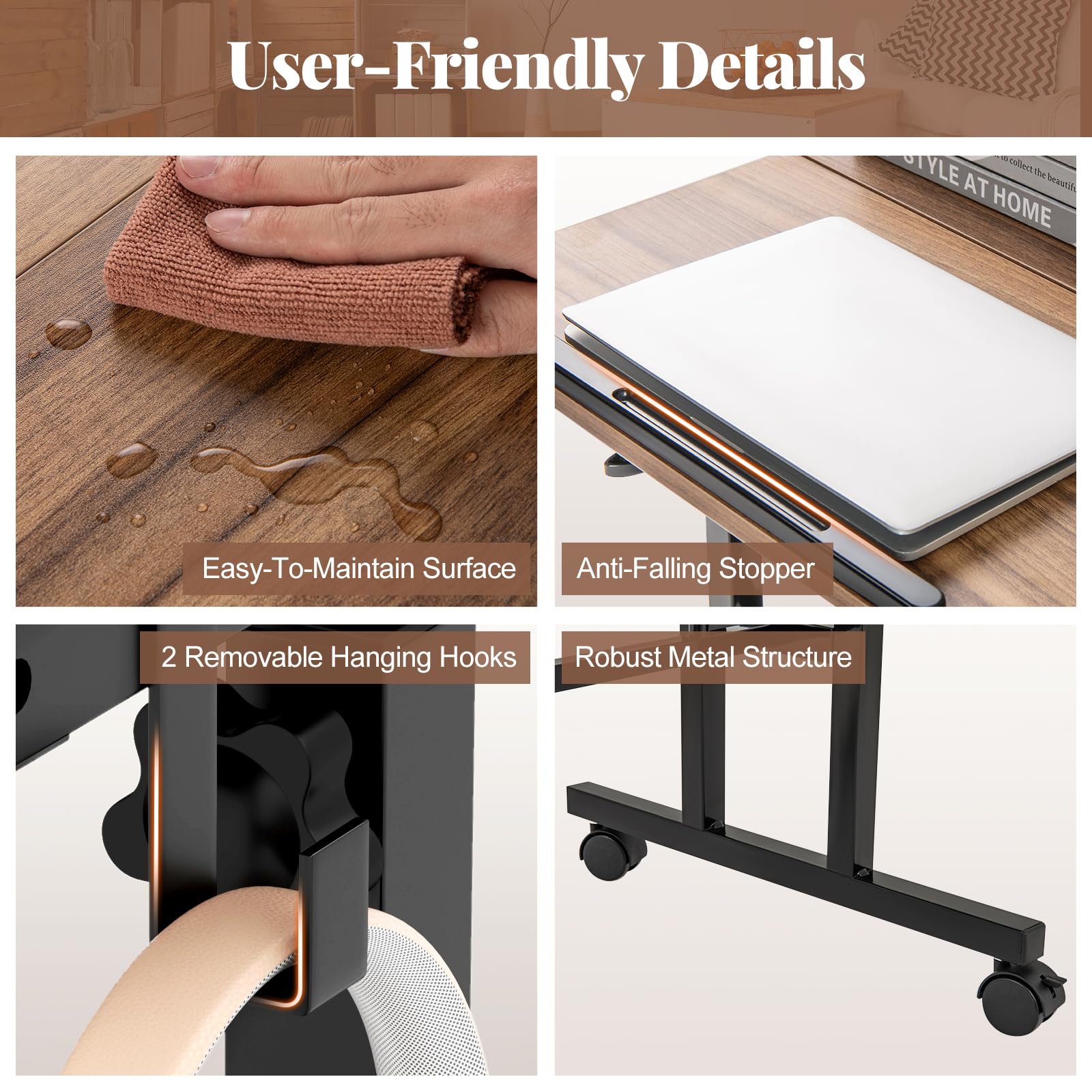 Giantex Mobile Standing Desk Portable Stand Up Desk Adjustable Height with Wheels Tilting Tabletop Hanging Hooks Home Office — view 7