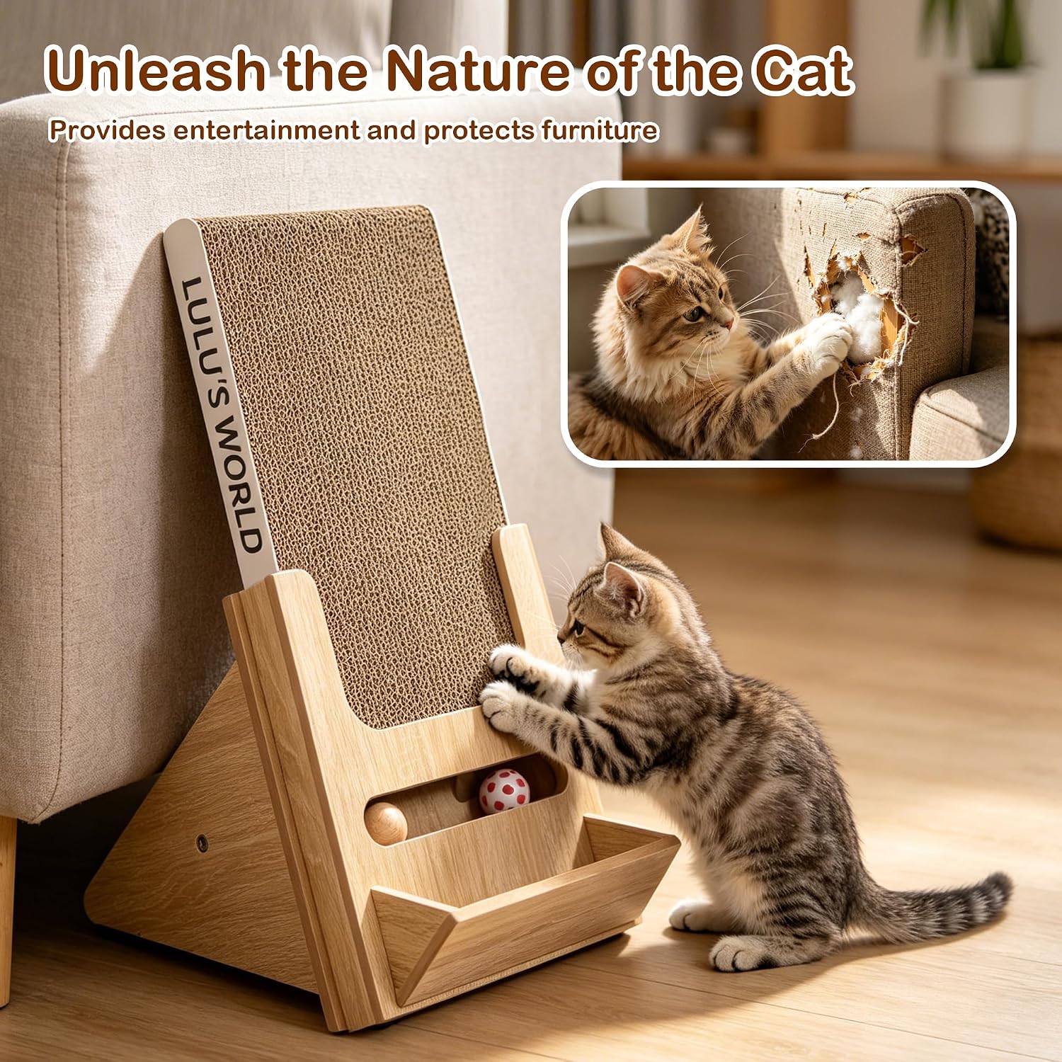 Lulu's World New Cardboard Cat Scratcher with Wooden Stand,Replaceable Pad | Freestanding vertical,ball toy,easy to clean,natural materials,protecting furniture,kitten scratching posts,long-term use