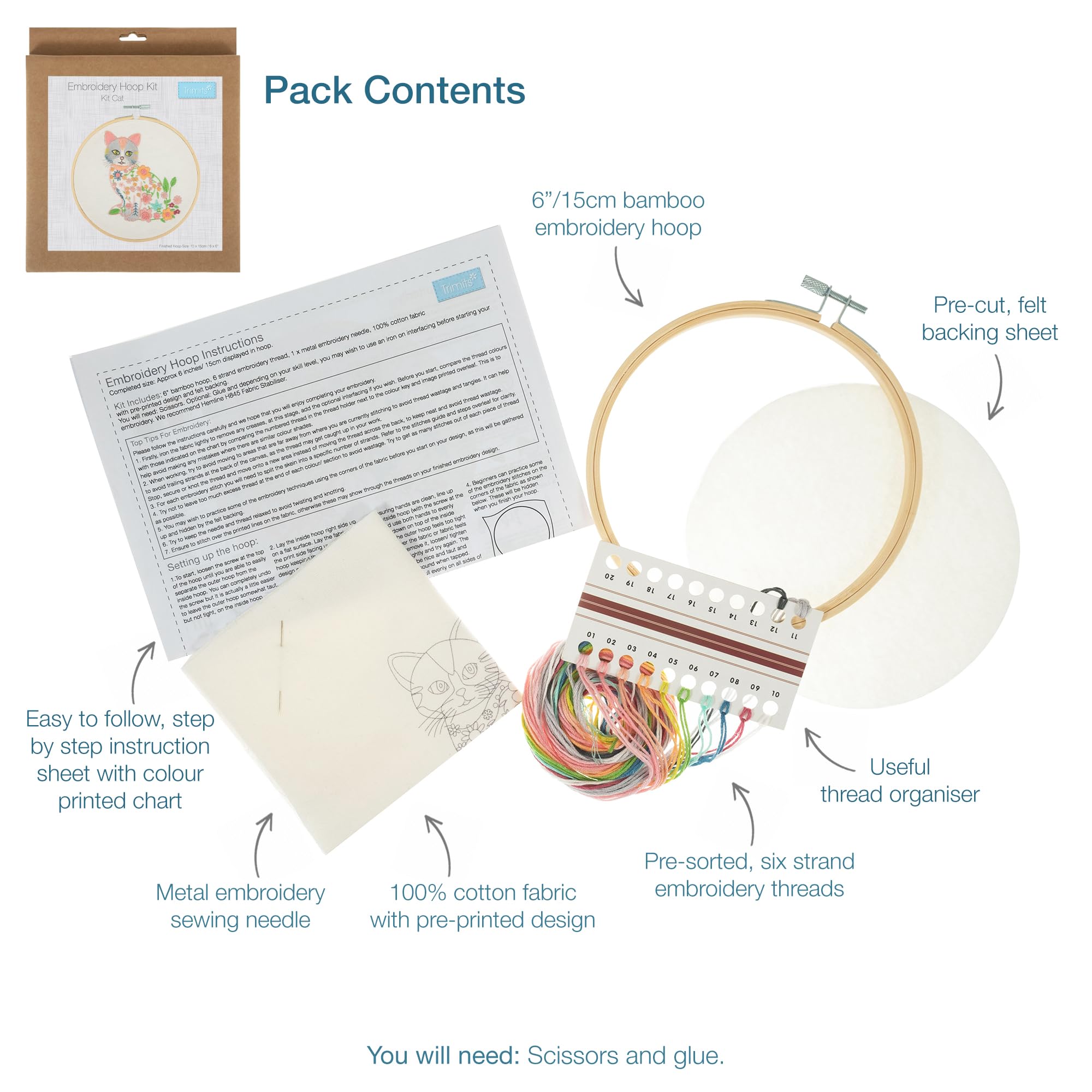 Trimits Embroidery Hoop Kits, 15cm 6” Beginner Starter Set, Includes Bamboo Hoop Threads Cloth Needle Backing & Instructions - Image 4