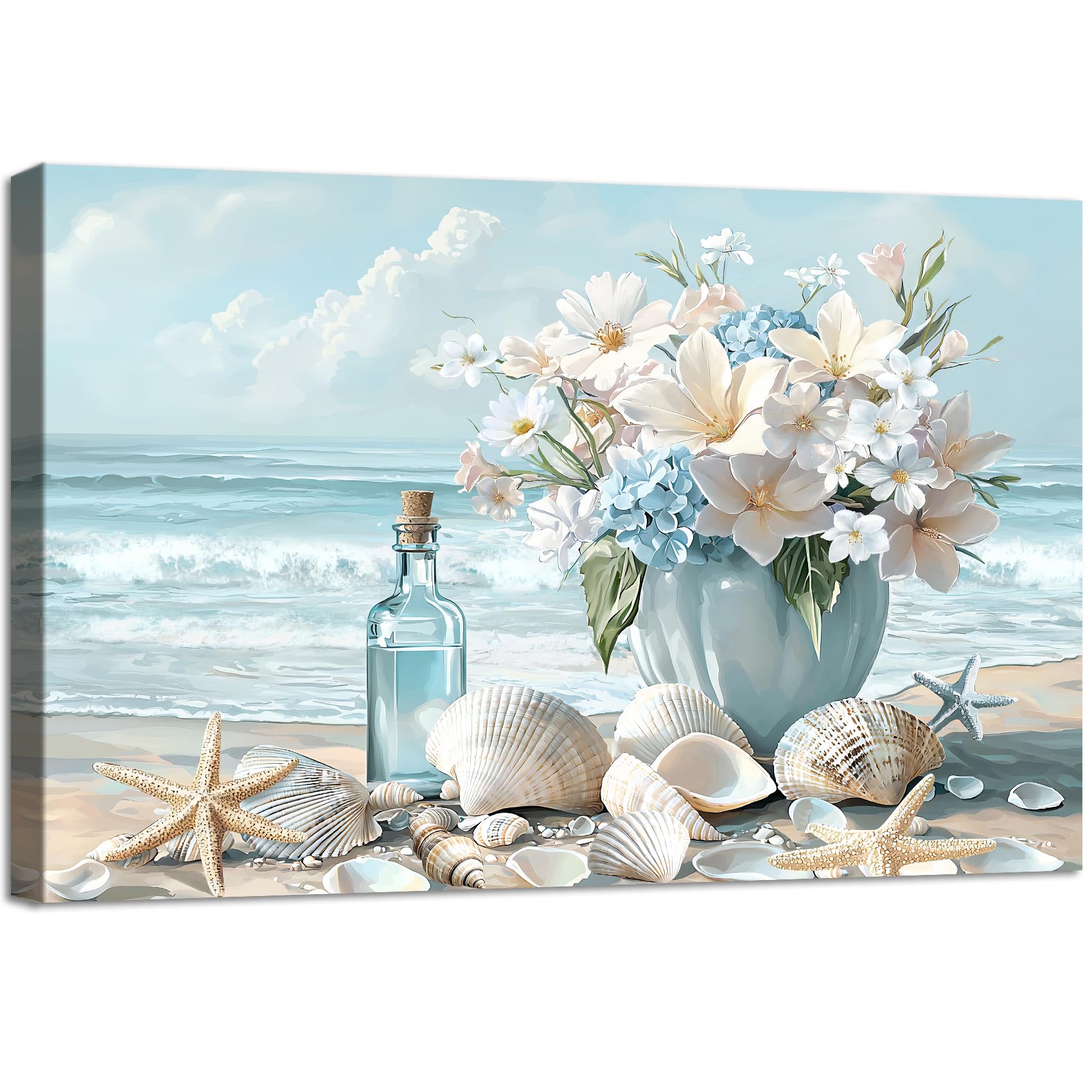 Wooden Framed Canvas Wall Art Blue Ocean Coastal Seascape Painting on Canvas Prints Poster Hydrangea Lilies Flower in Vase Pictures for Living Room Bedroom Home Hallway Corridor Wall Decor 40x60cm