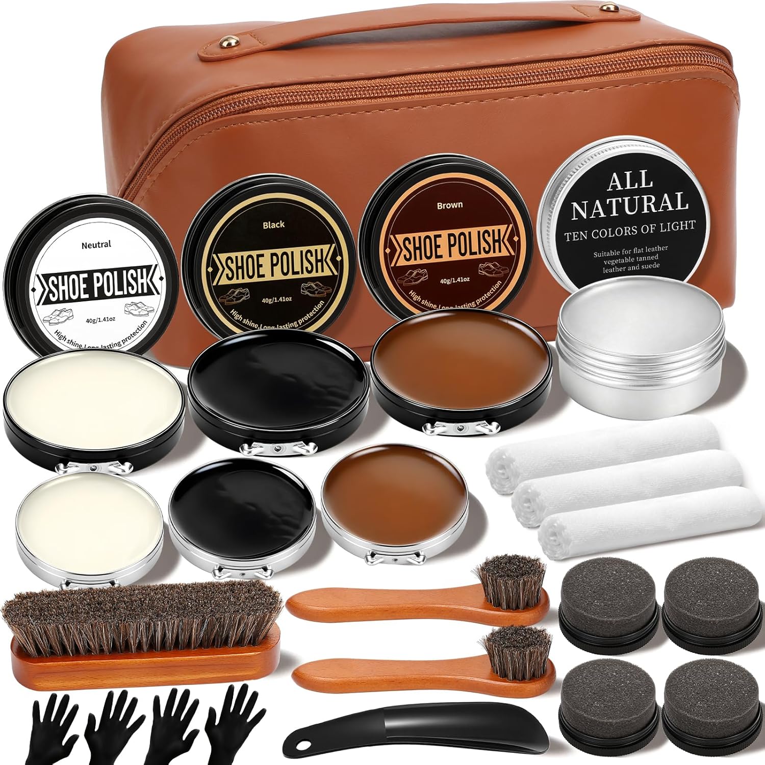 20 PCS Shoe Shine Polish Kit- Leather Shoe Polish Care Set with Black/Brown/Neutral Shoe Polish, Mink Oil, Horsehair Brushes, Cloths Shine Sponge Boot Care Cleaning Kit-Storage Gift Bag for Men Women