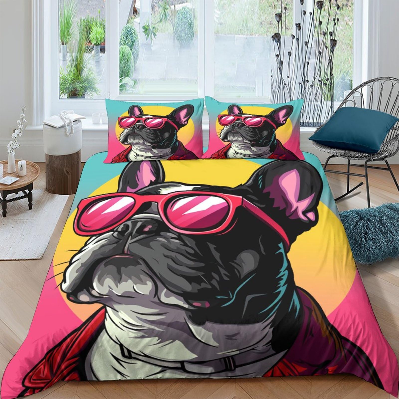 Stampato in 3D Bulldog francese Copertina Stampata Microfibra Disegnata Biancheria Da Letto Ipoallergenico Con 2 Federe,Double（200x200cm）, Per Adolescenti E Adulti