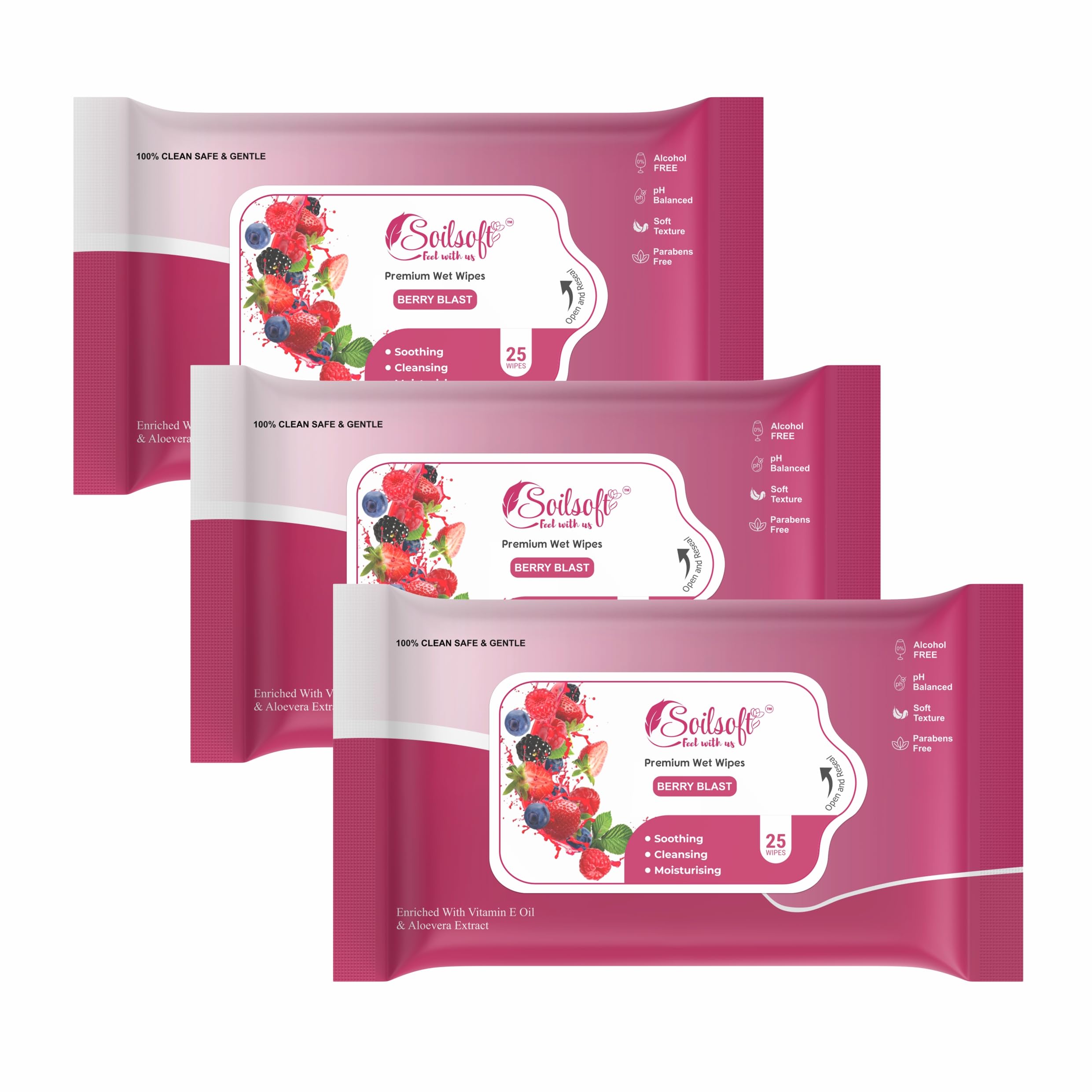 Soilsoft Berry Blast Wet Wipes 25 Pulls Red Pink Pack Fruity Print Design Alcohol Free pH Balanced Soft Texture Paraben Free Aloe Vera Extract Vitamin E Oil Cleansing Moisturising Travel Wipes (PACK OF 3)-image-13