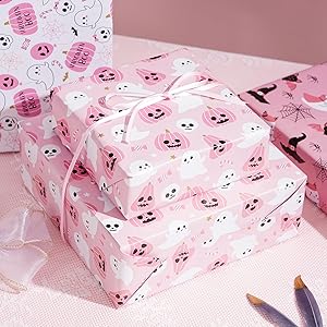 Ulmasinn Pink Halloween Wrapping Paper - Kawaii Spooky - Sweet Gift Wrap with Ghosts, Bats & Watercolor Pumpkins - 20x29-8 Sheets for Gift Bags & Party Favors
