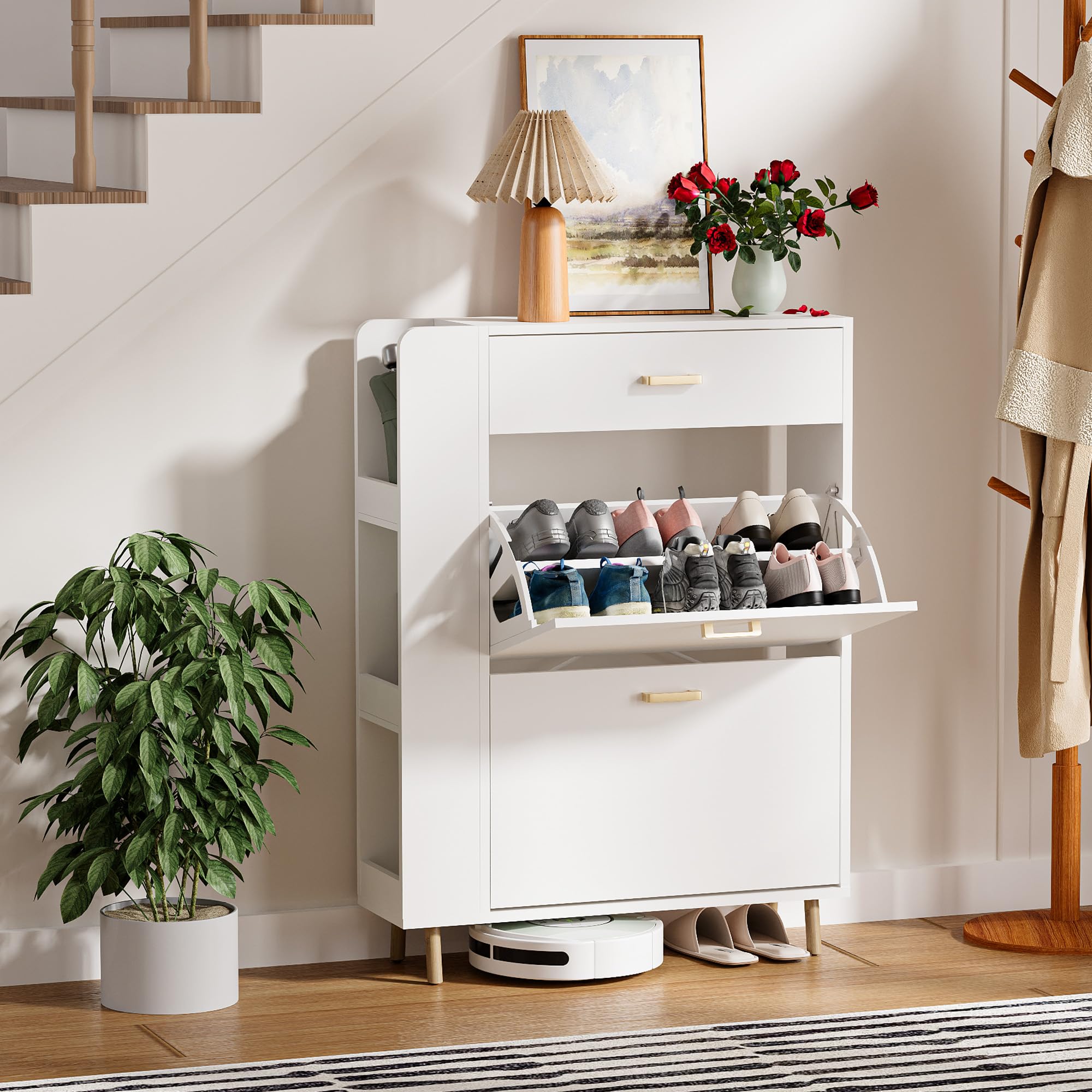Scarpiera Salvaspazio Slim con 1 cassetto e 3 scomparti Scarpiera a 2 ante con 4 gambe in legno massello Può contenere 12-16 paia di scarpe 80x24x110cm Bianca (EUR≤45)