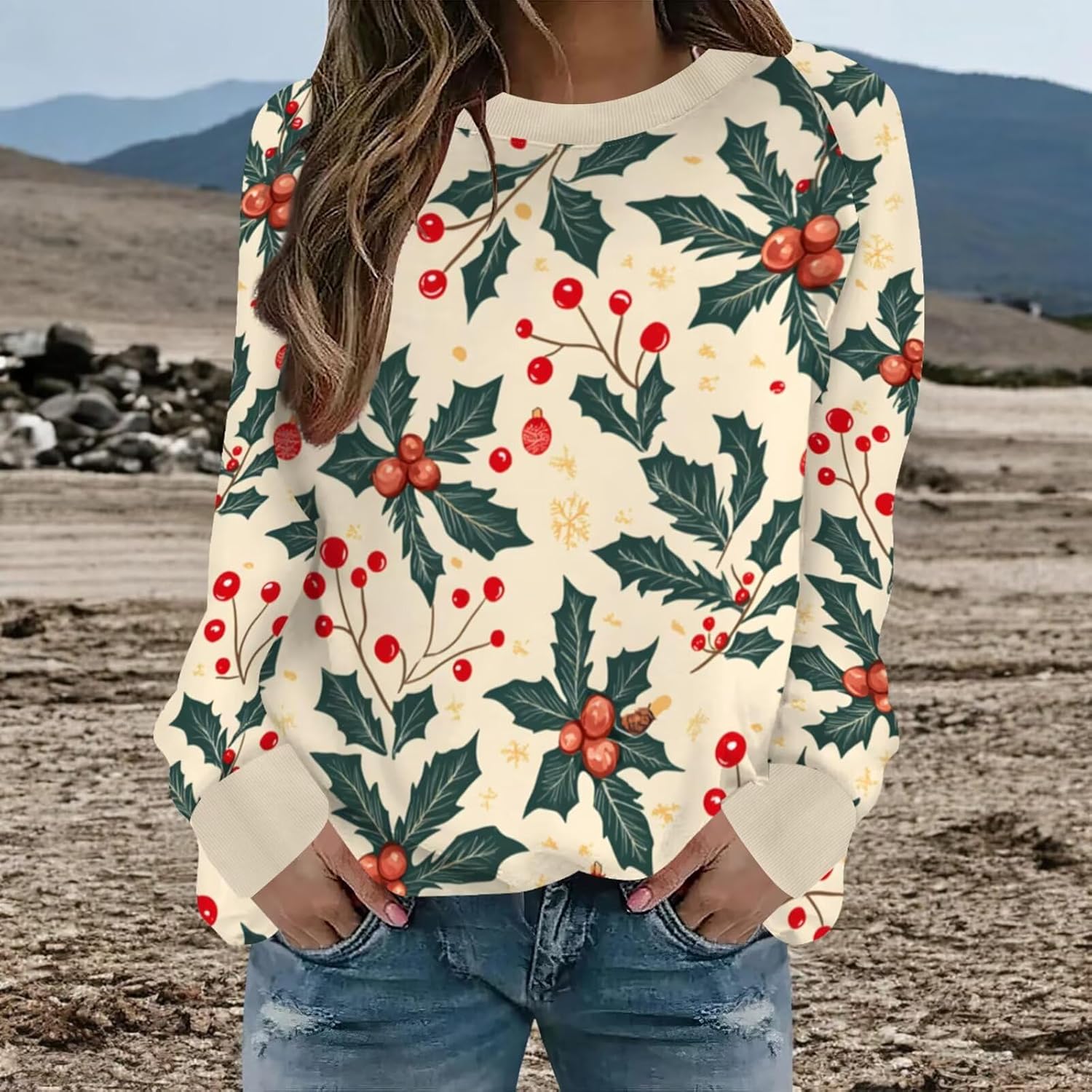 Neyaolk Womens Christmas Floral Sweatshirts Funny Graphic Crewneck Pullover Tops Casual Loose Long Sleeve Tops Xmas Shirts - Image 2