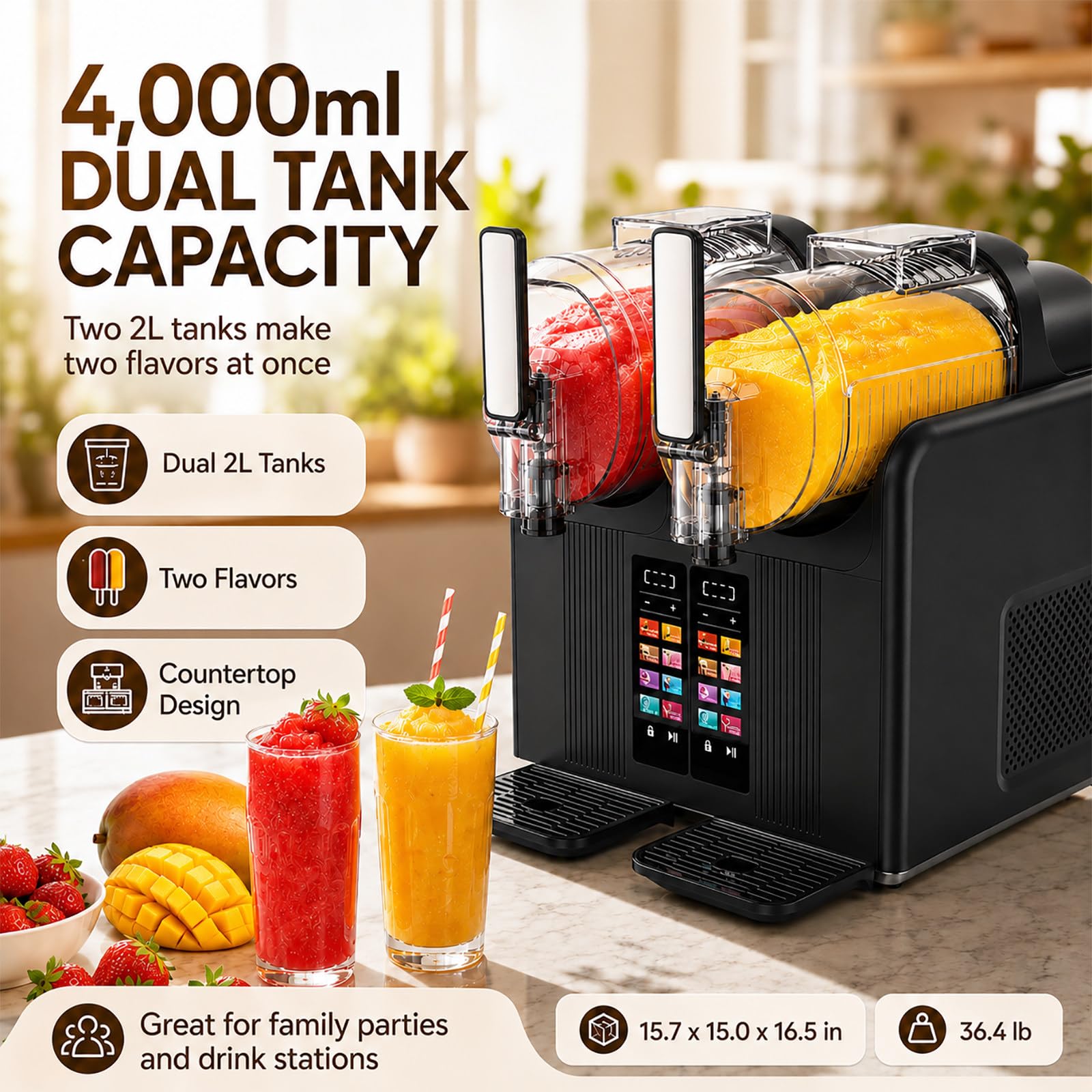 Máquina Slush con Tanque Claro - 4000ml Doble Depósito, Mezcla 3D, Dureza Ajustable, Dispensado Uniforme Black