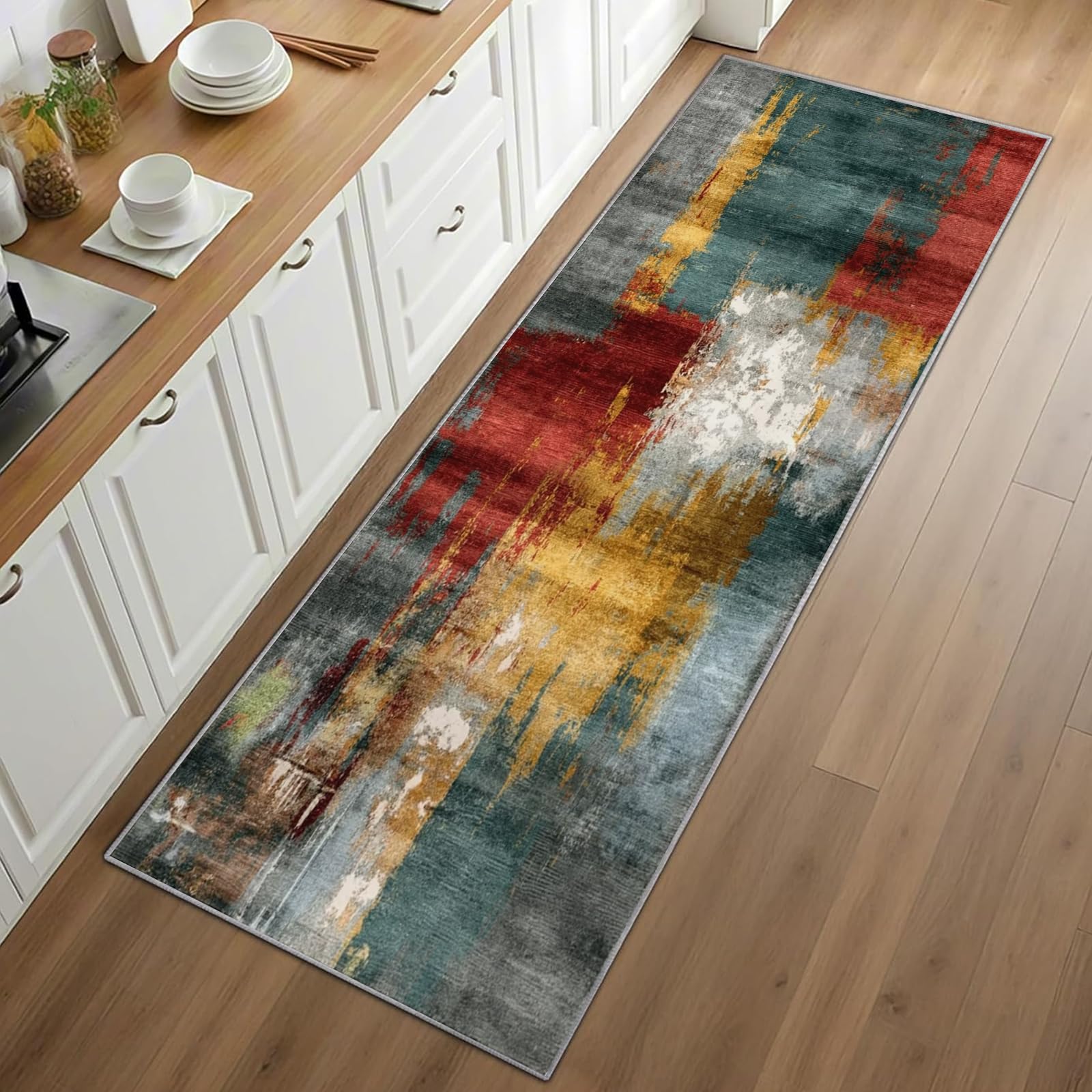 Modern Abstract Runner Rug for Entryway 60x180cm Graffiti Color Runner Rug for Hallway, Mottled Rustic Long Hall Carpet, Non-Slip Carpet for Kitchen Laundry Room Bedroom